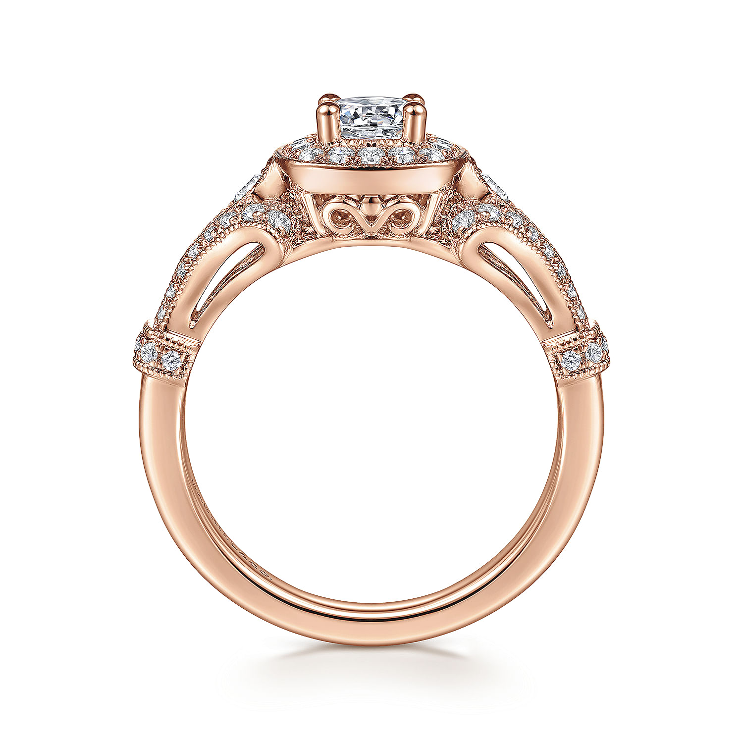 Vintage Inspired 14K Rose Gold Cushion Halo Round Complete Diamond Engagement Ring