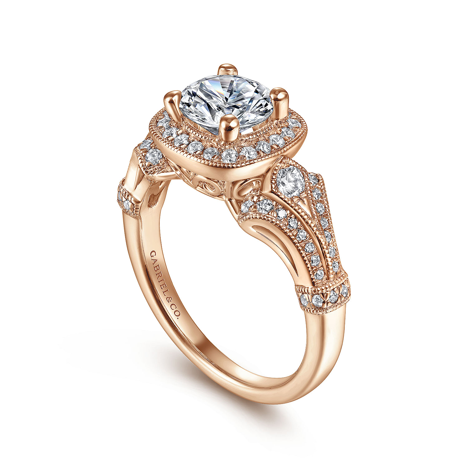 Vintage Inspired 14K Rose Gold Cushion Halo Round Diamond Engagement Ring