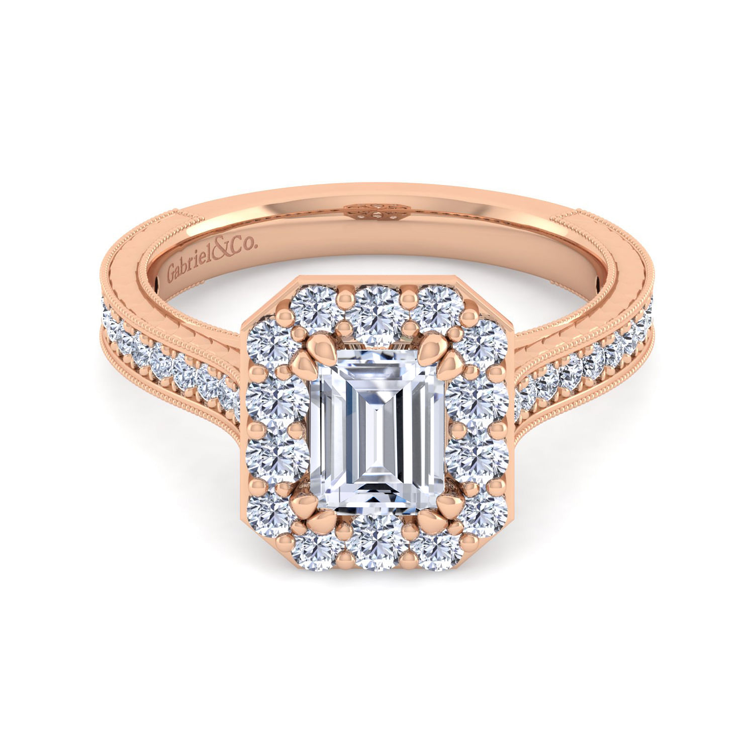 Vintage Inspired 14K Rose Gold Emerald Halo Diamond Engagement Ring