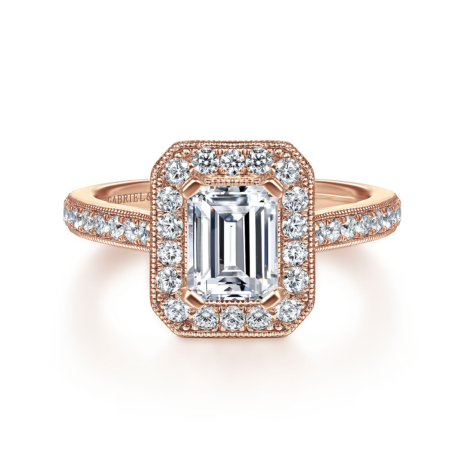 Vintage Inspired 14K Rose Gold Emerald Halo Diamond Engagement Ring
