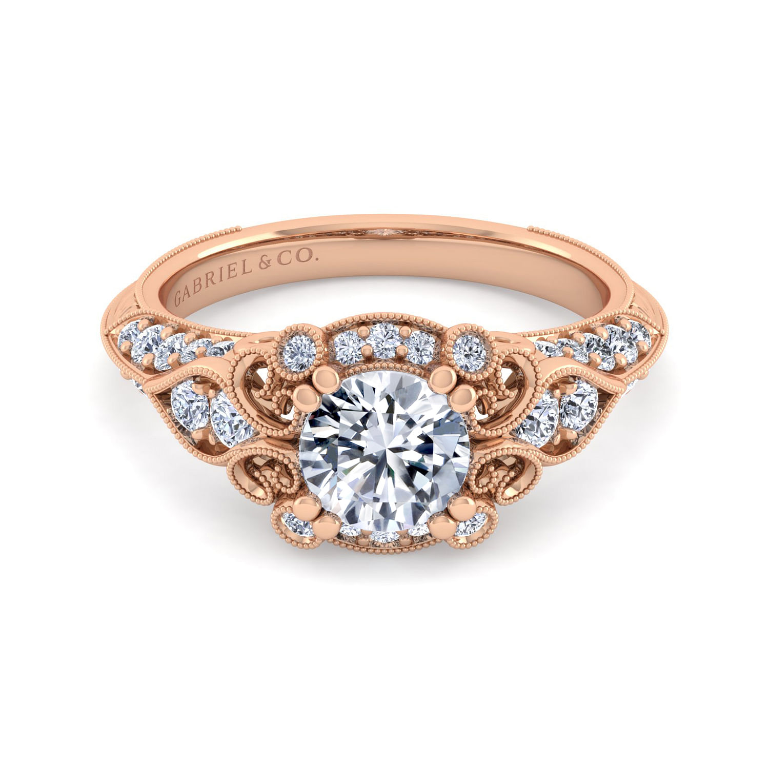 Vintage Inspired 14K Rose Gold Fancy Halo Round Diamond Engagement Ring