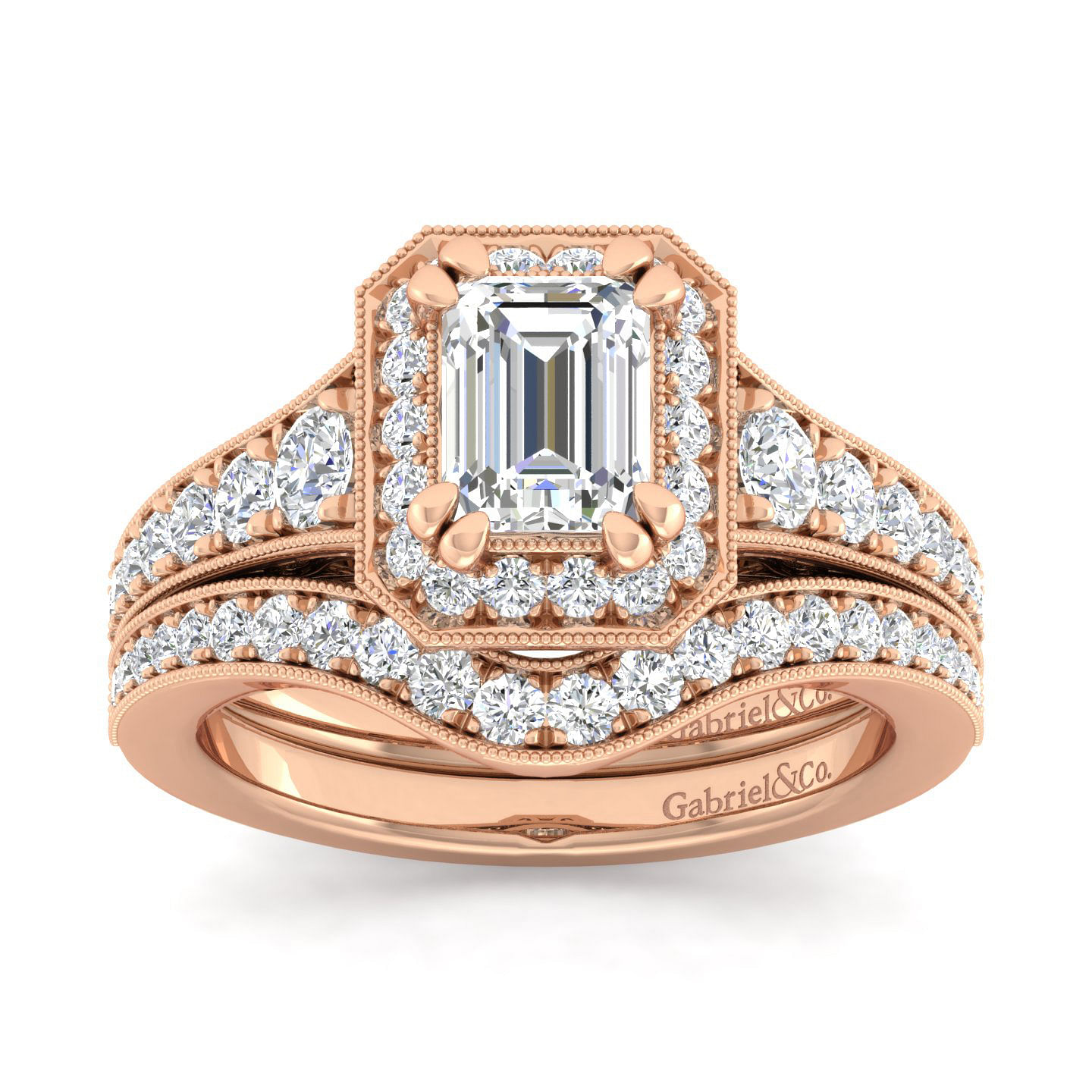Vintage Inspired 14K Rose Gold Halo Emerald Cut Diamond Engagement Ring