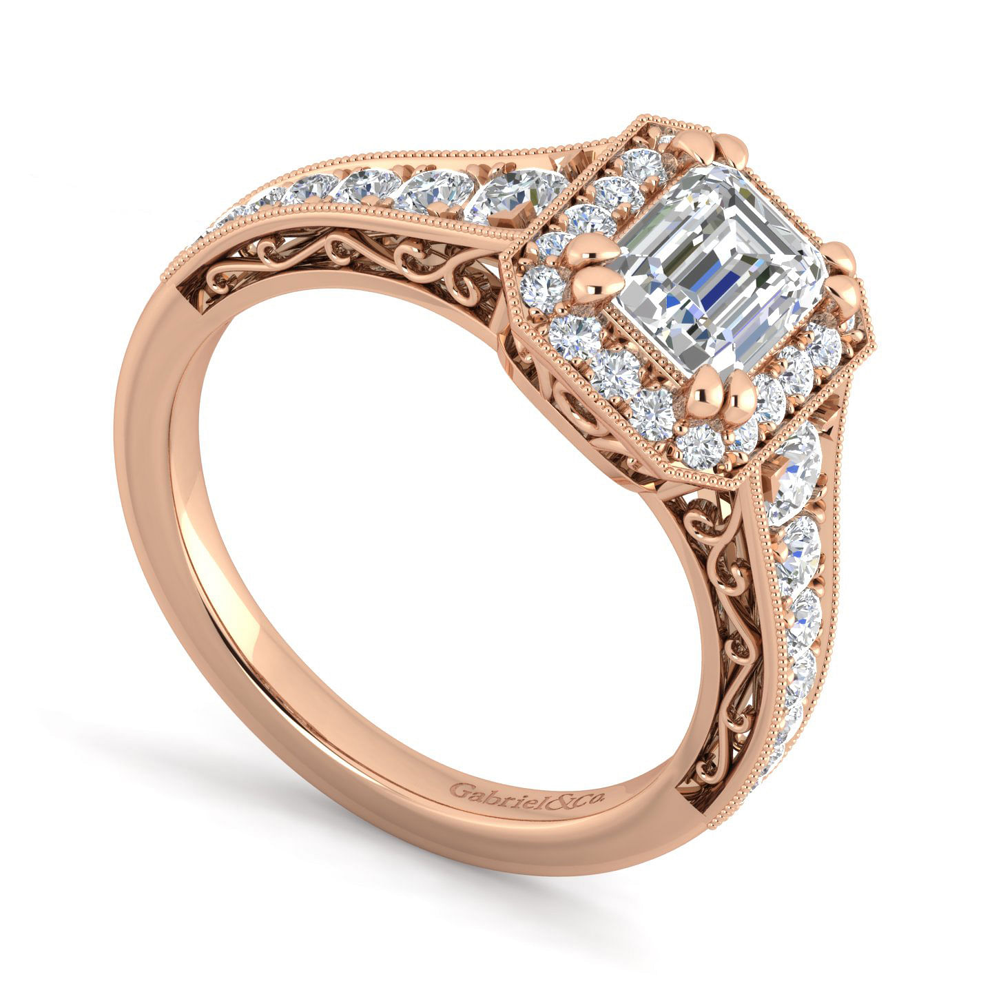 Vintage Inspired 14K Rose Gold Halo Emerald Cut Diamond Engagement Ring