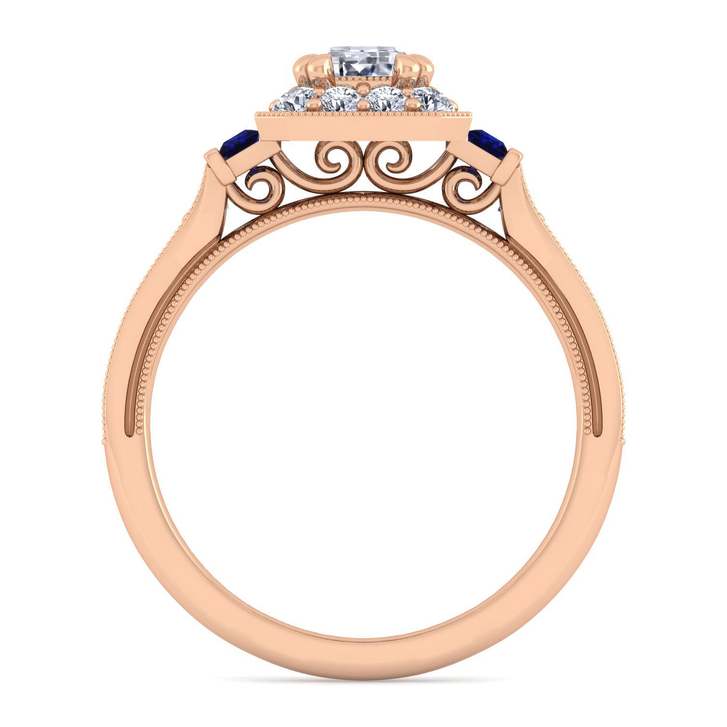 Vintage Inspired 14K Rose Gold Halo Emerald Cut Diamond and Sapphire Engagement Ring