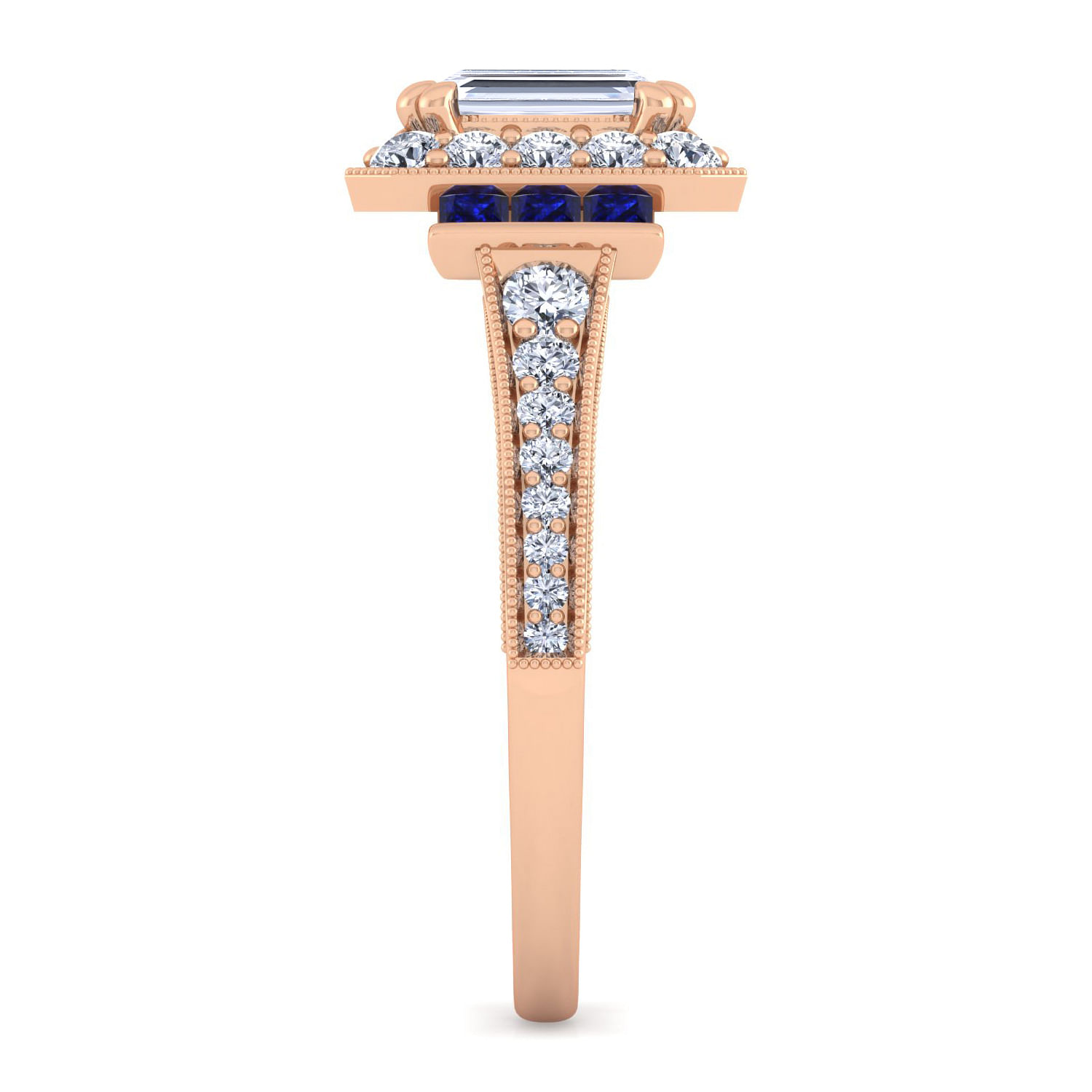 Vintage Inspired 14K Rose Gold Halo Emerald Cut Diamond and Sapphire Engagement Ring