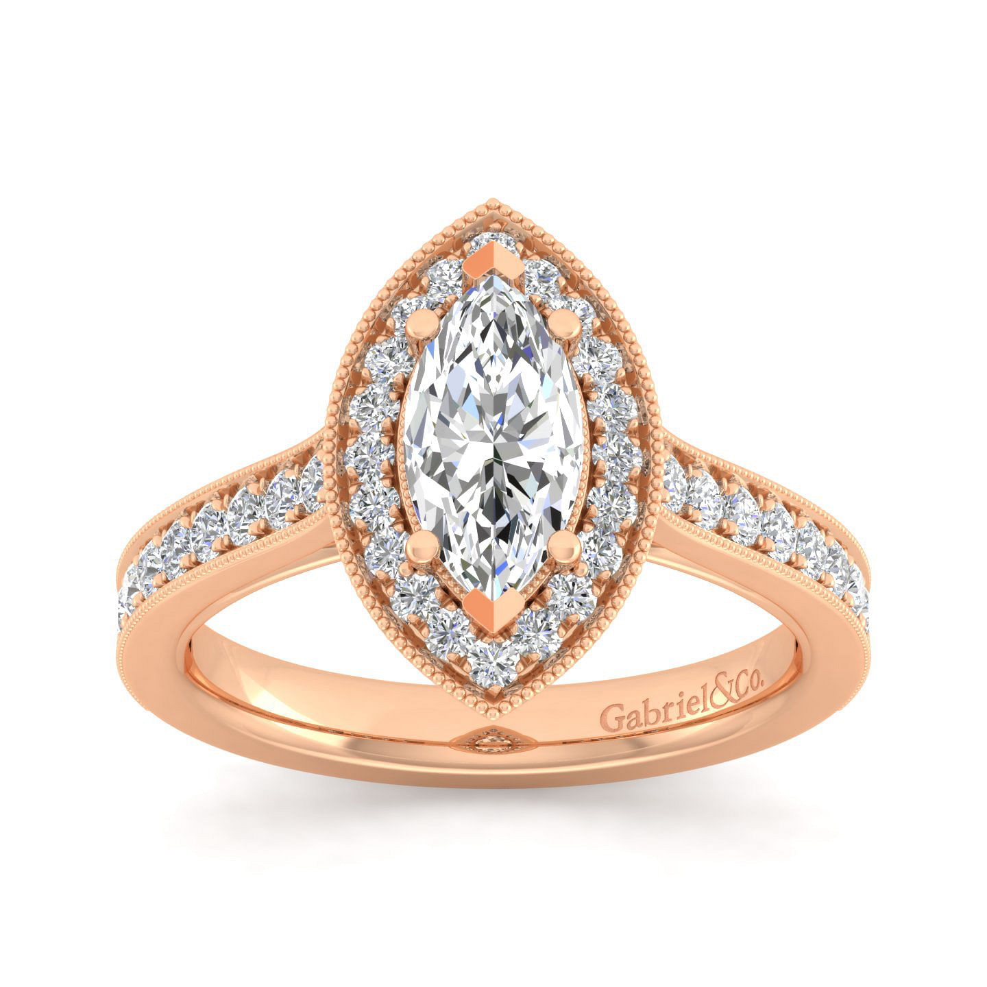 Vintage Inspired 14K Rose Gold Marquise Halo Diamond Engagement Ring