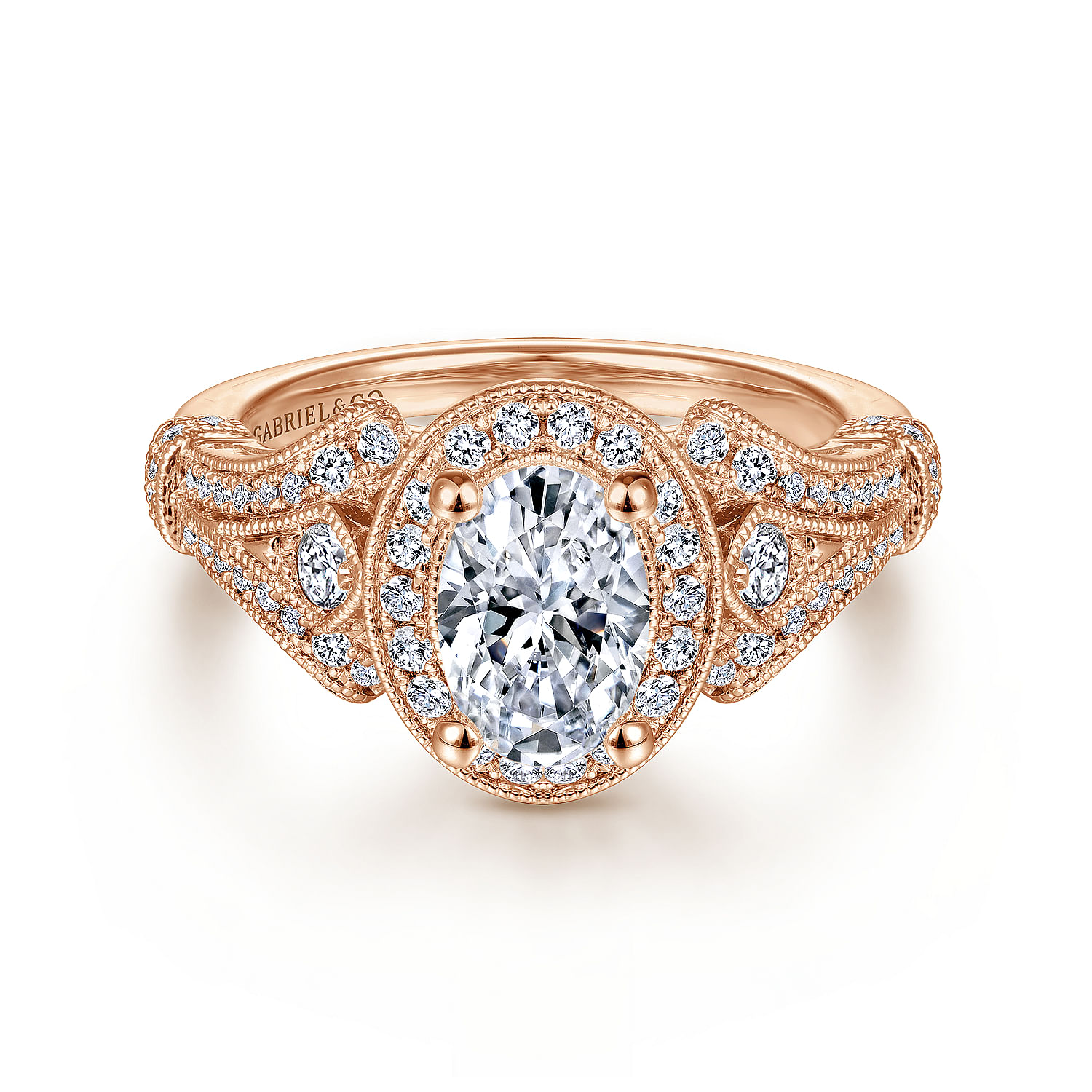 Vintage Inspired 14K Rose Gold Oval Halo Diamond Engagement Ring