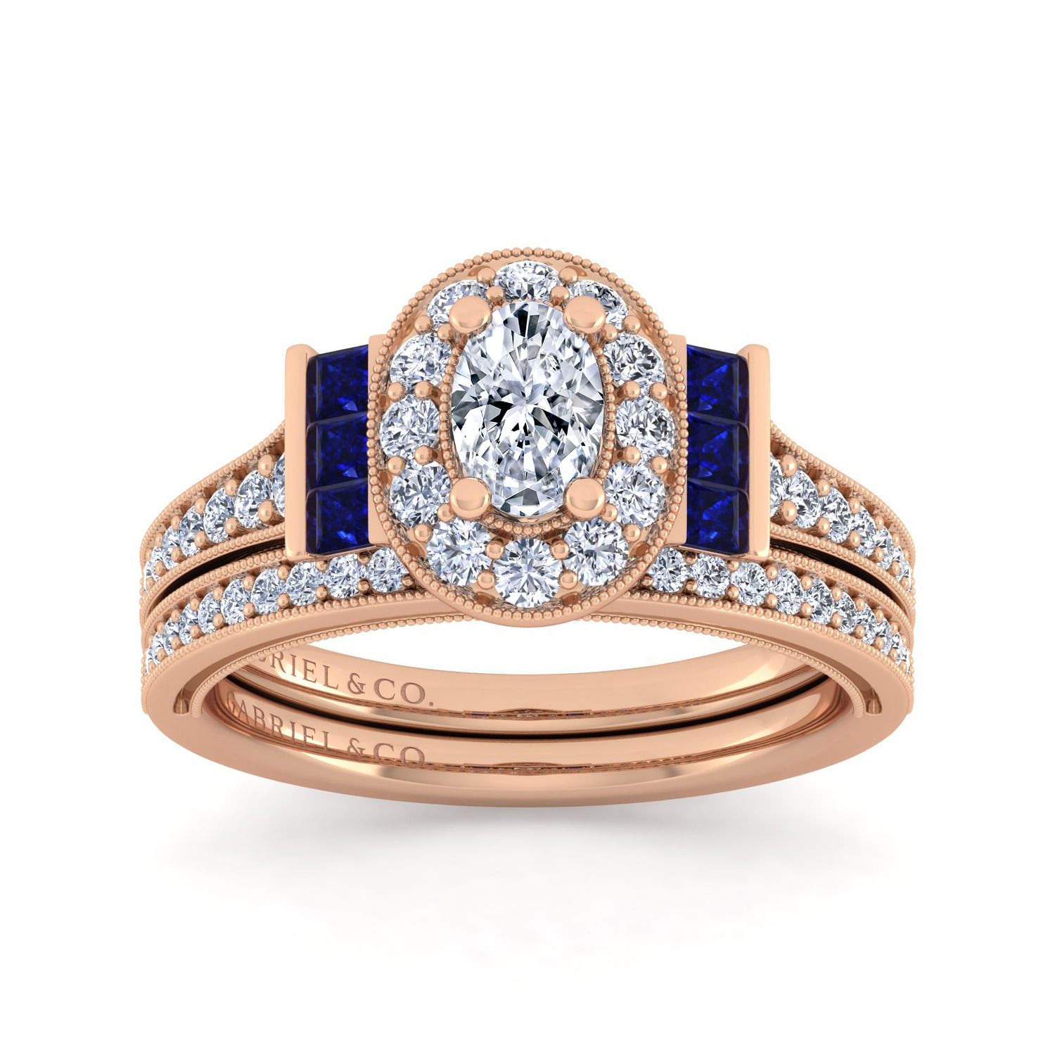 Vintage Inspired 14K Rose Gold Oval Halo Diamond and Sapphire Engagement Ring