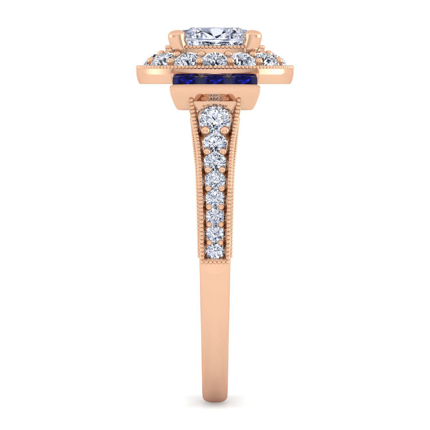 Vintage Inspired 14K Rose Gold Oval Halo Diamond and Sapphire Engagement Ring