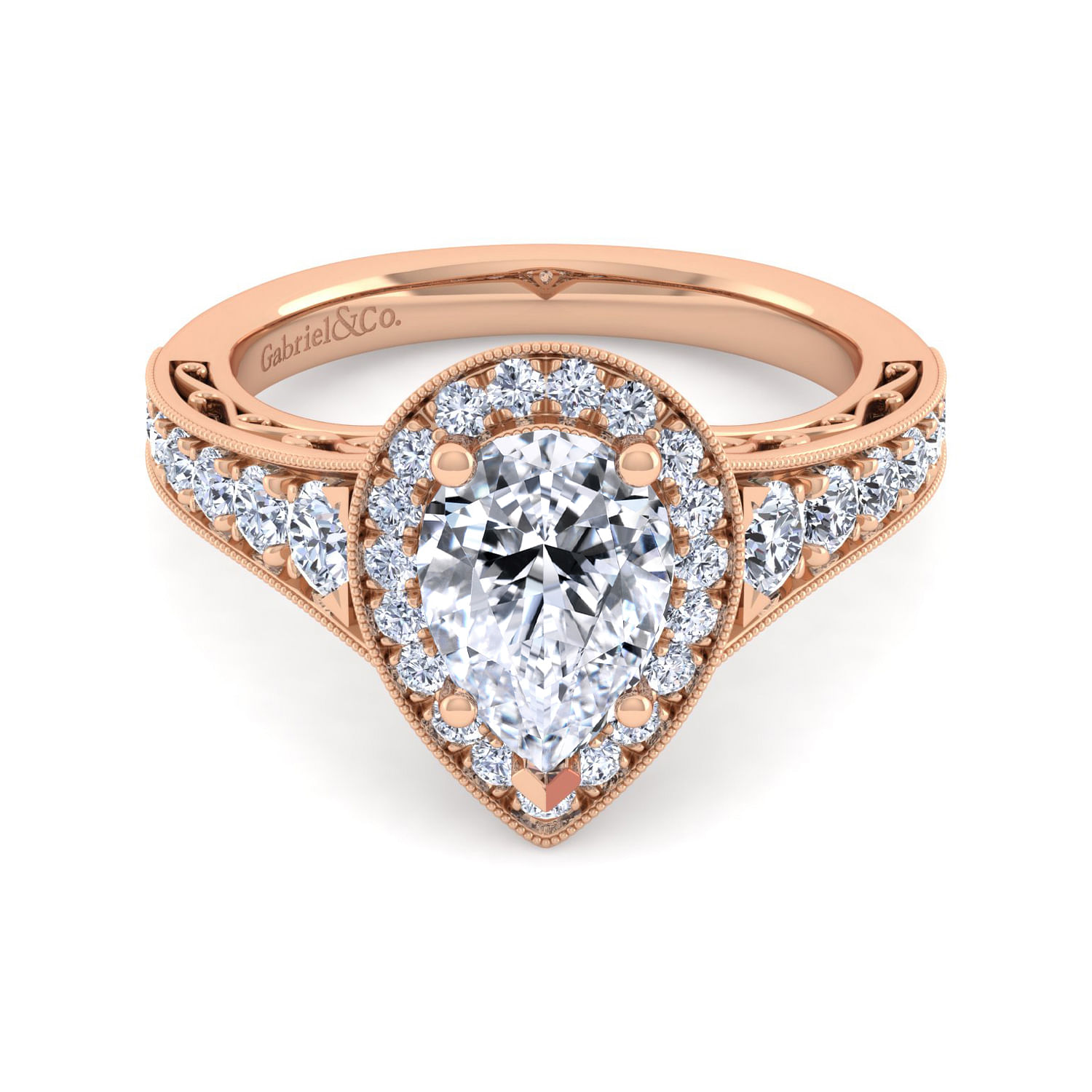 Vintage Inspired 14K Rose Gold Pear Shape Halo Diamond Engagement Ring