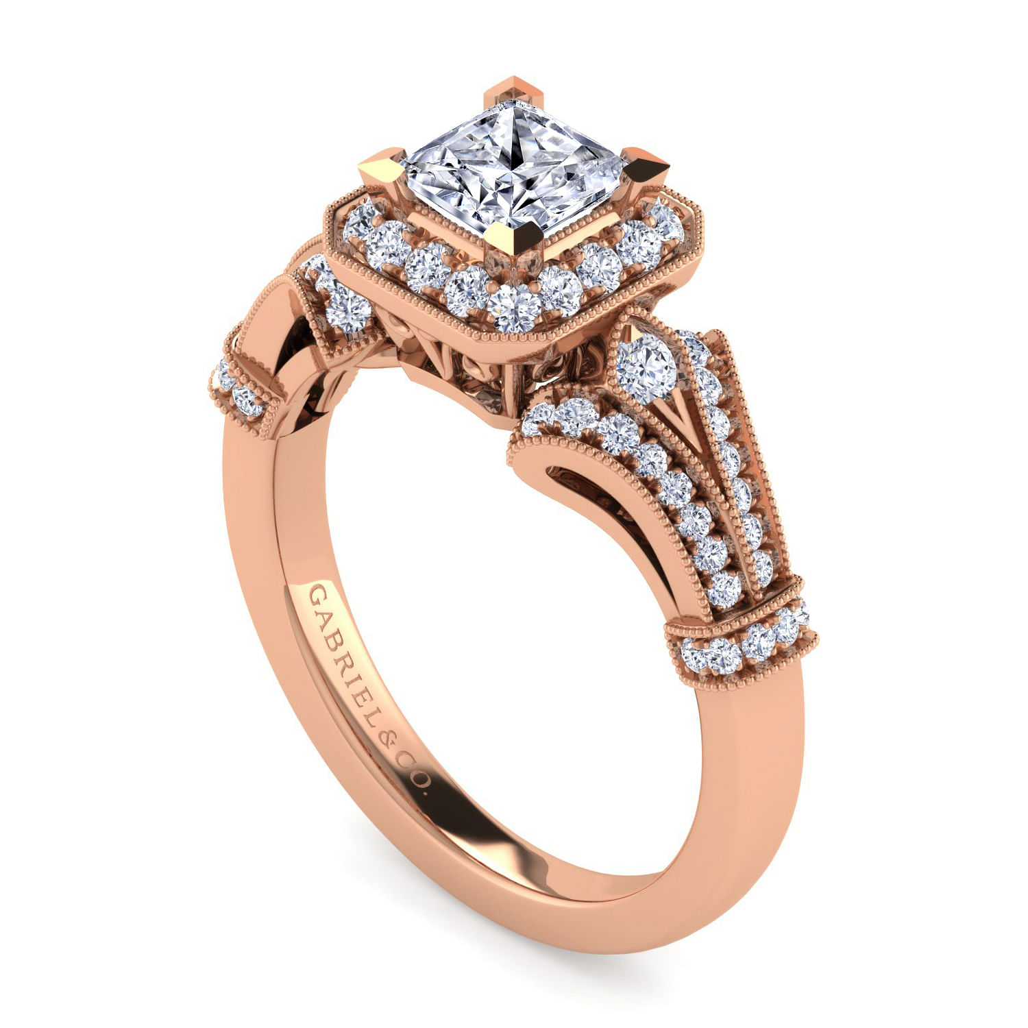 Vintage Inspired 14K Rose Gold Princess Halo Diamond Engagement Ring