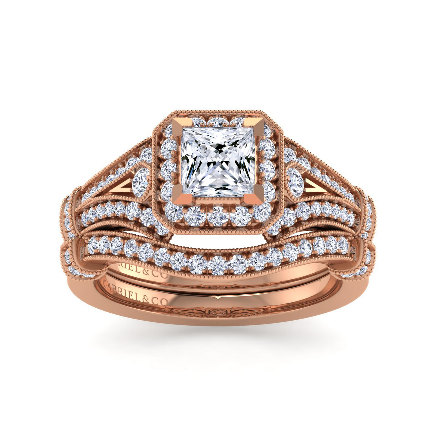 Vintage Inspired 14K Rose Gold Princess Halo Diamond Engagement Ring