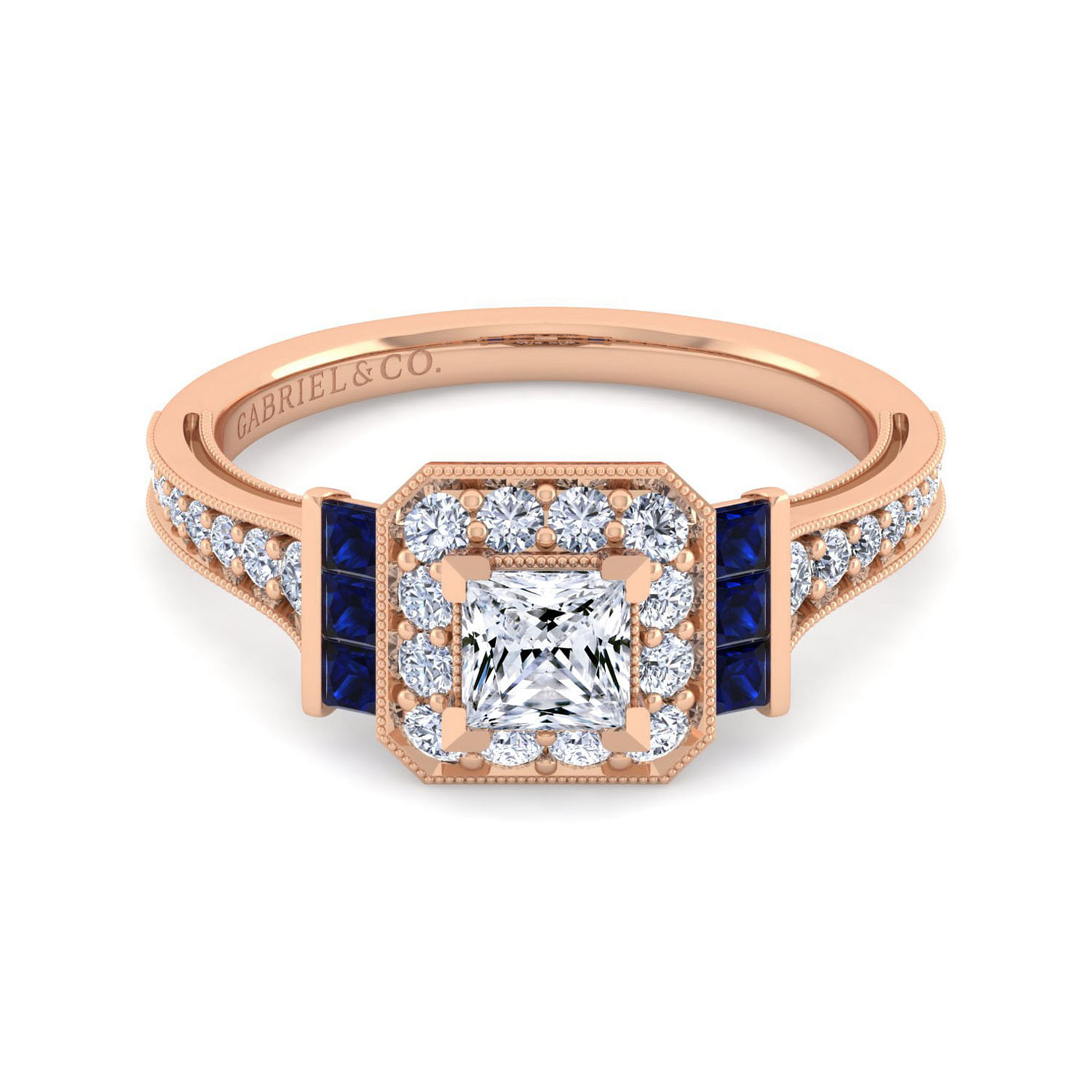 Vintage Inspired 14K Rose Gold Princess Halo Diamond and Sapphire Engagement Ring