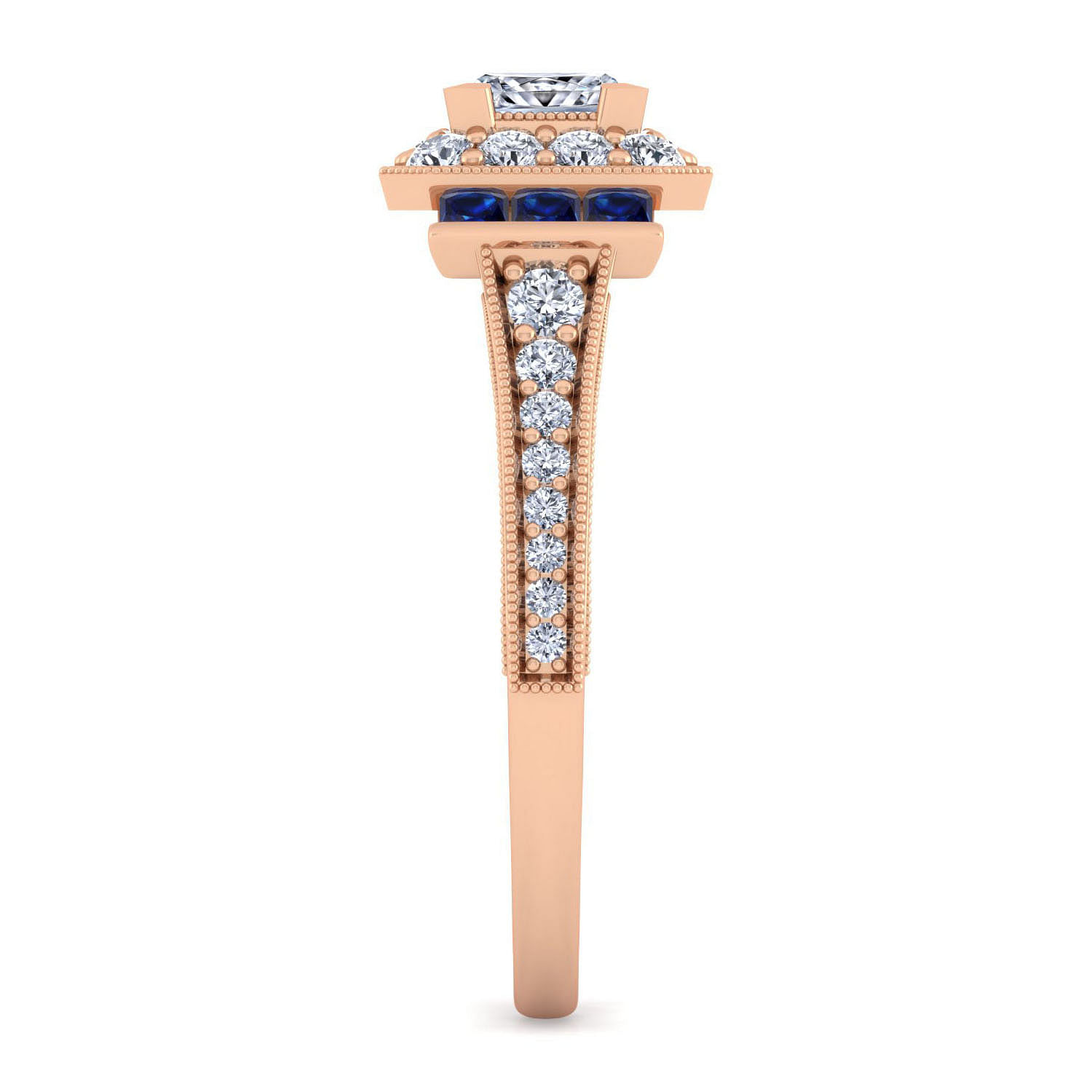 Vintage Inspired 14K Rose Gold Princess Halo Diamond and Sapphire Engagement Ring