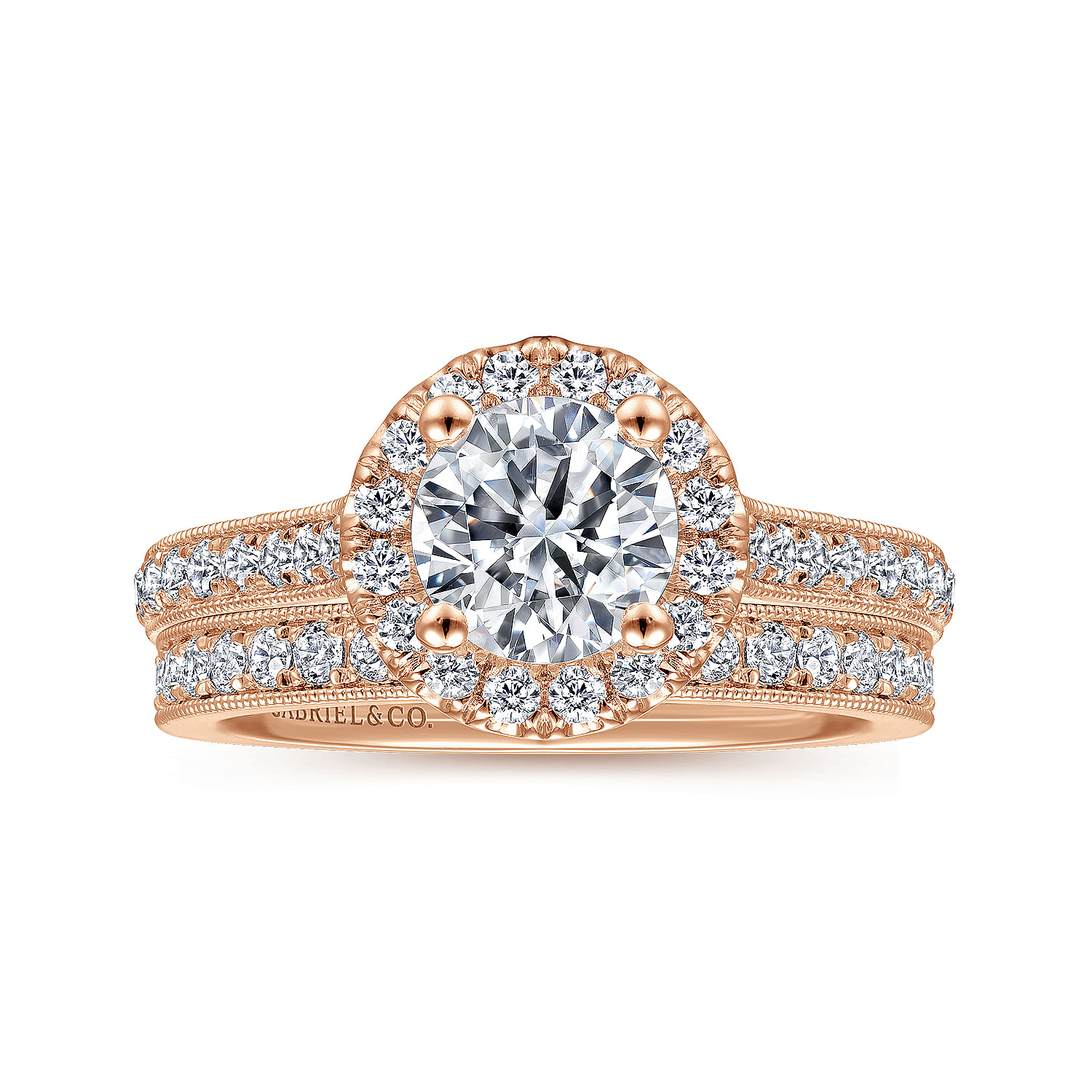 Vintage Inspired 14K Rose Gold Round Halo Diamond Engagement Ring