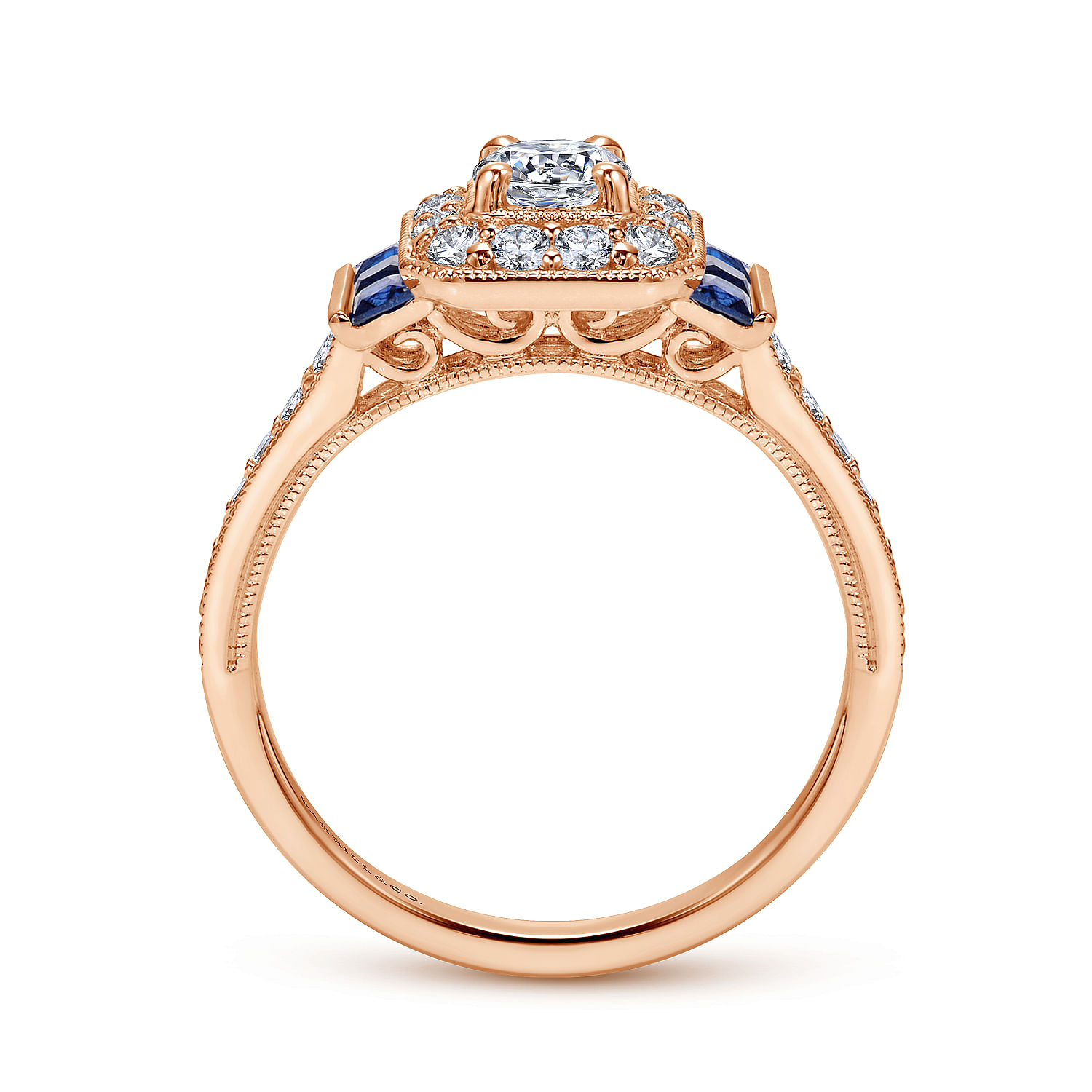 Vintage Inspired 14K Rose Gold Round Halo Diamond and Sapphire Engagement Ring