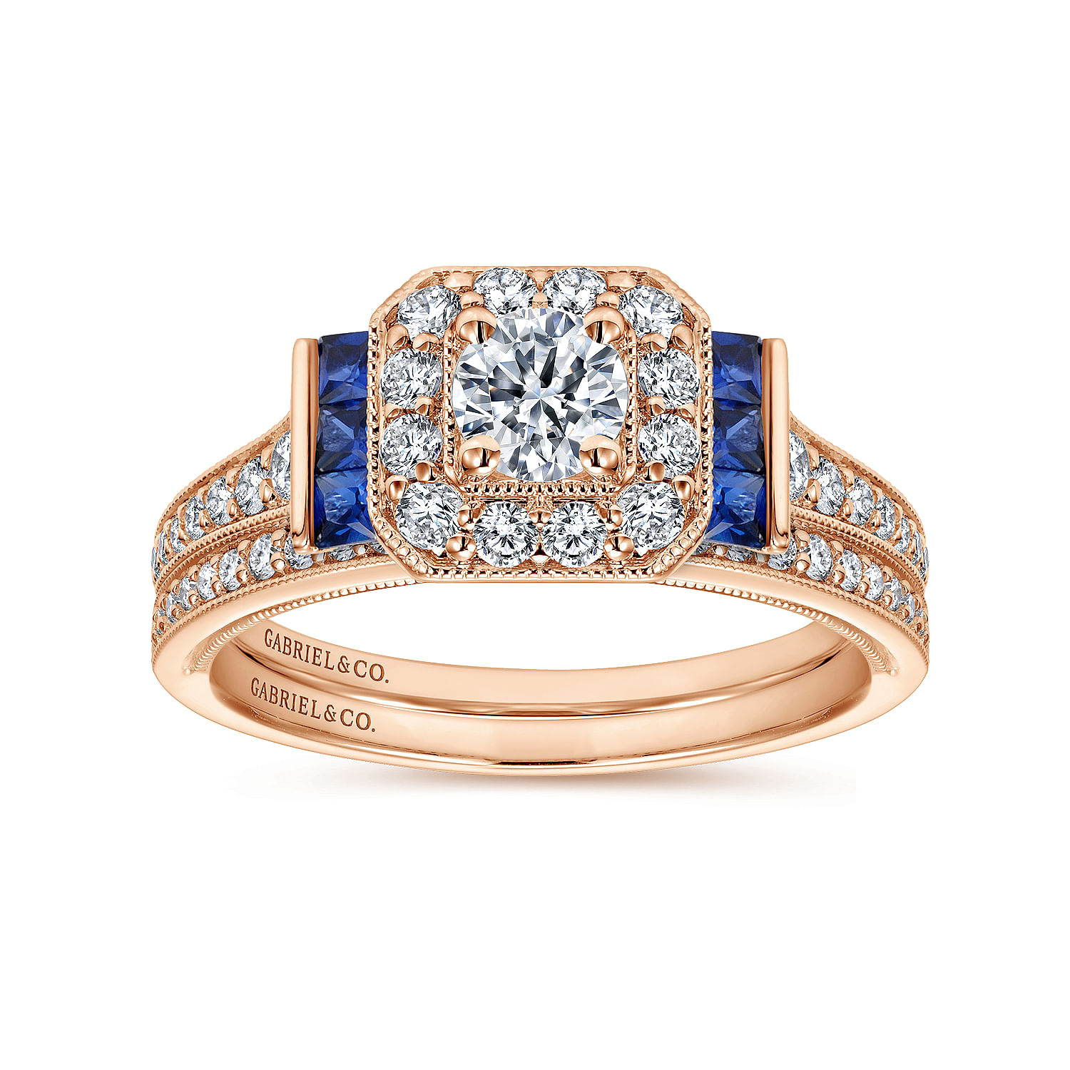 Vintage Inspired 14K Rose Gold Round Halo Diamond and Sapphire Engagement Ring