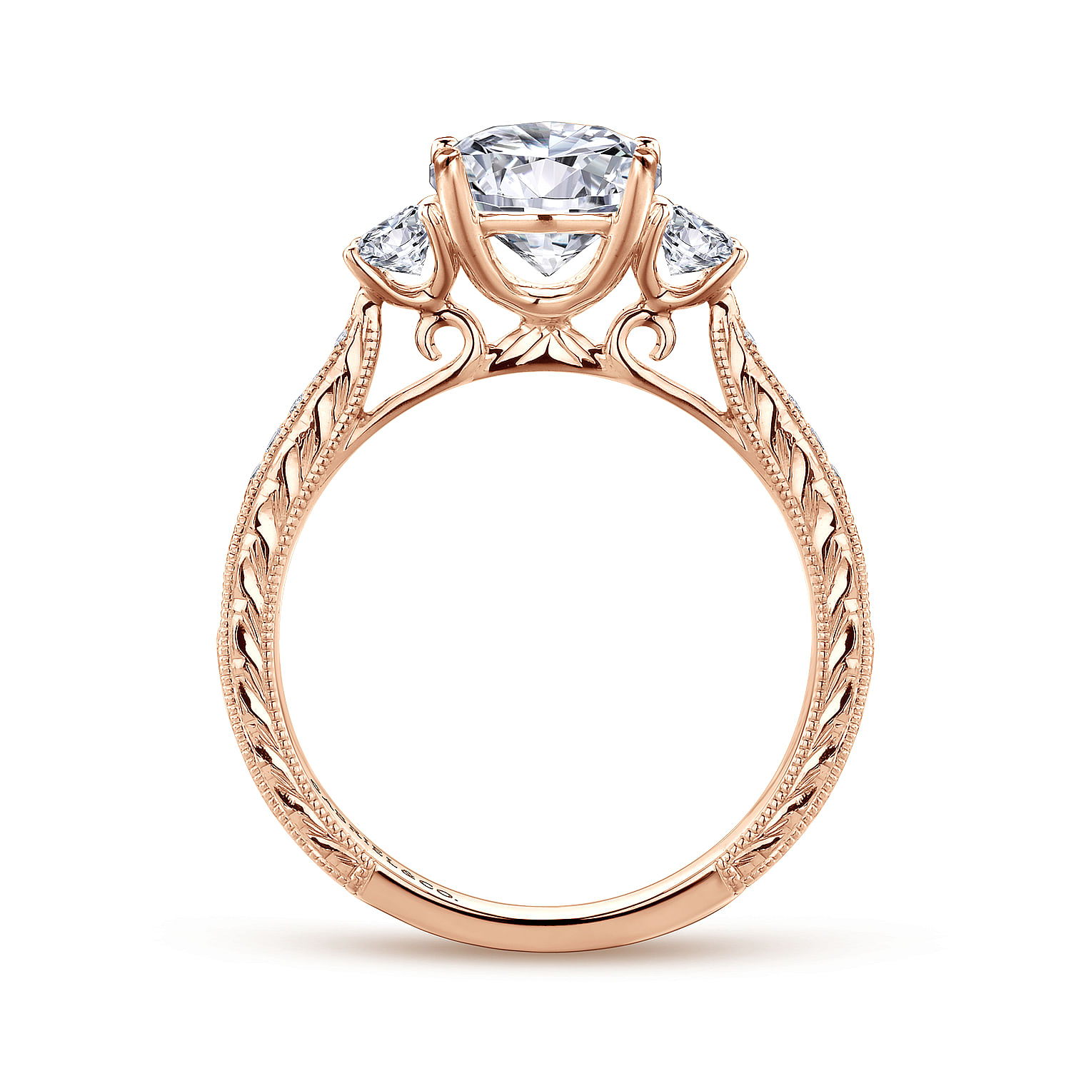Vintage Inspired 14K Rose Gold Round Three Stone Diamond Engagement Ring