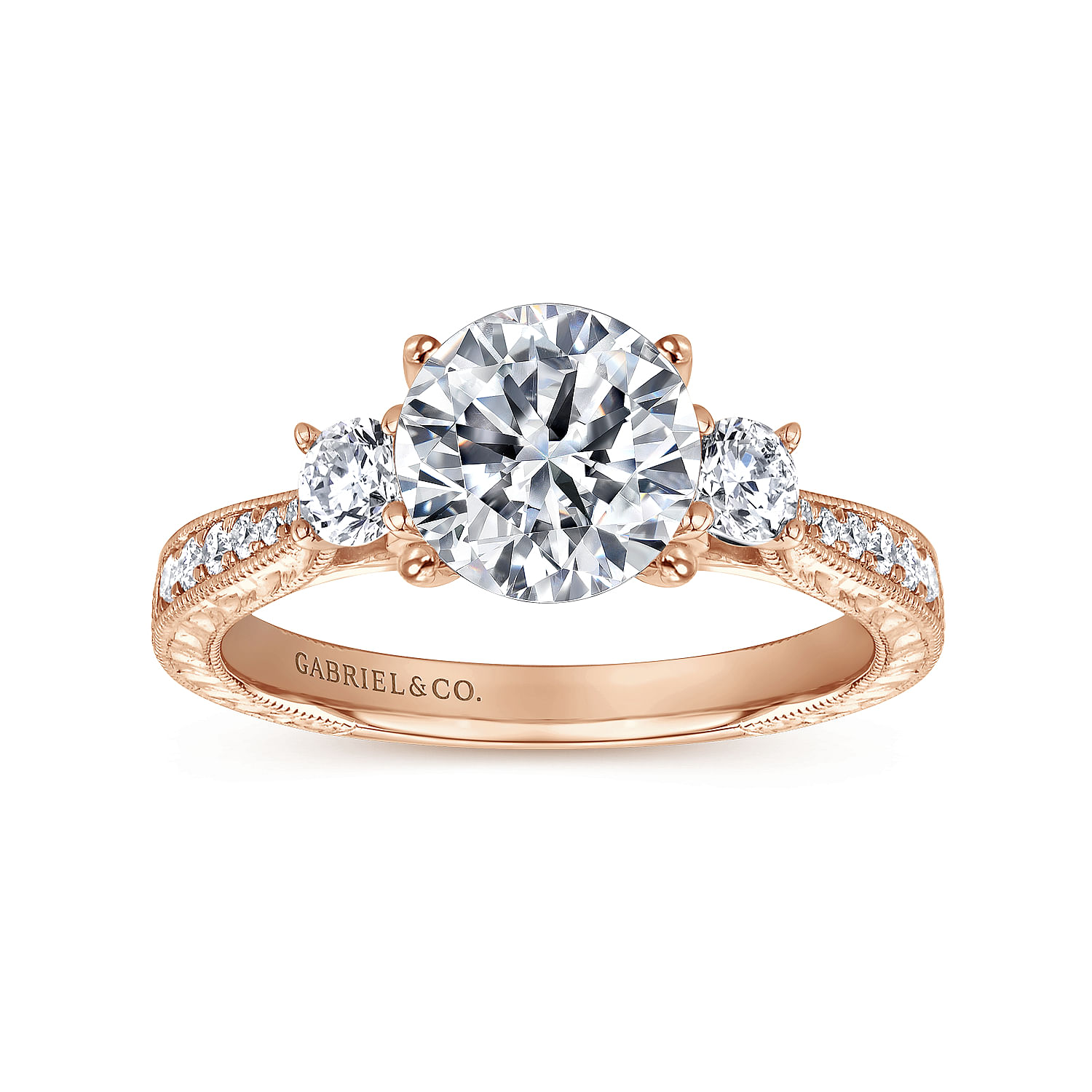 Vintage Inspired 14K Rose Gold Round Three Stone Diamond Engagement Ring