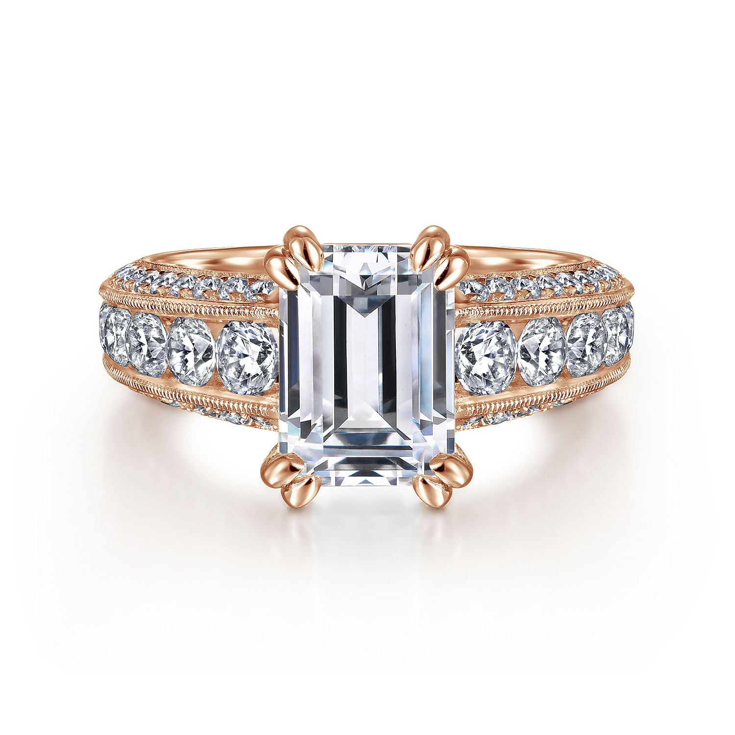 Vintage Inspired 14K Rose Gold Wide Band Emerald Cut Diamond Engagement Ring