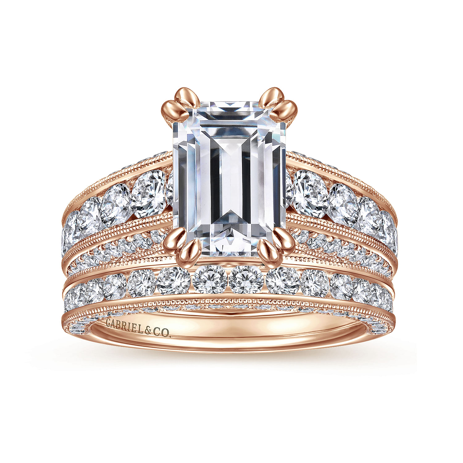 Vintage Inspired 14K Rose Gold Wide Band Emerald Cut Diamond Engagement Ring