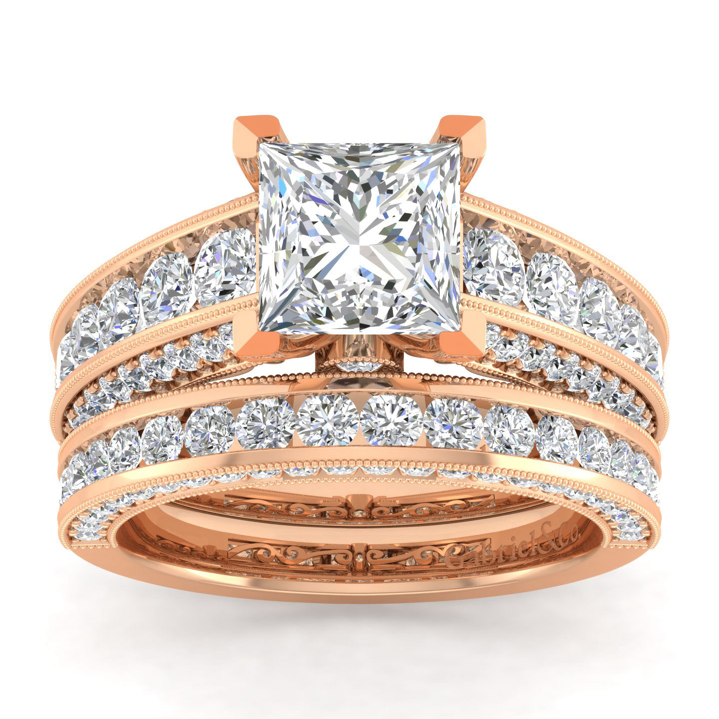 Vintage Inspired 14K Rose Gold Wide Band Princess Cut Diamond Engagement Ring