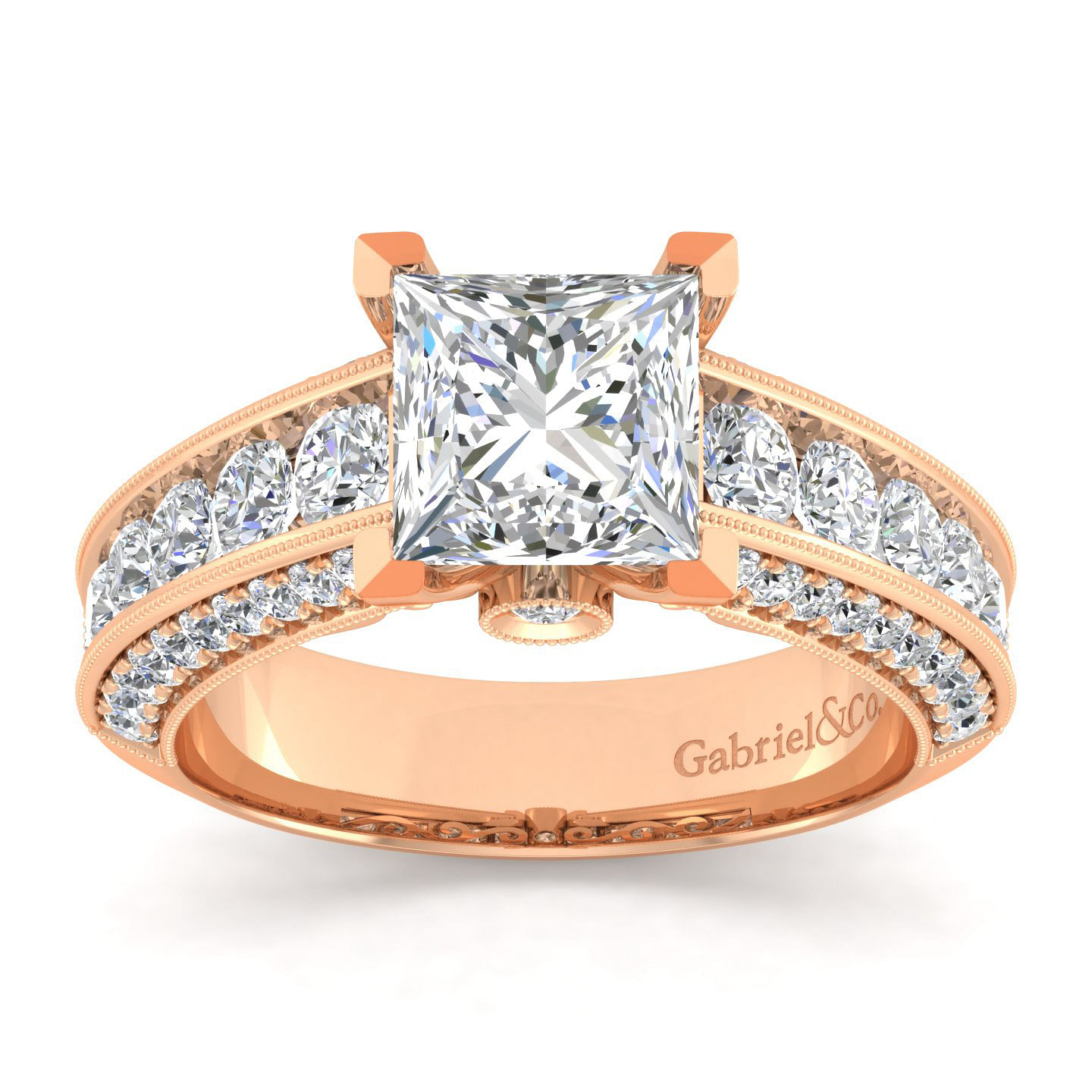 Vintage Inspired 14K Rose Gold Wide Band Princess Cut Diamond Engagement Ring