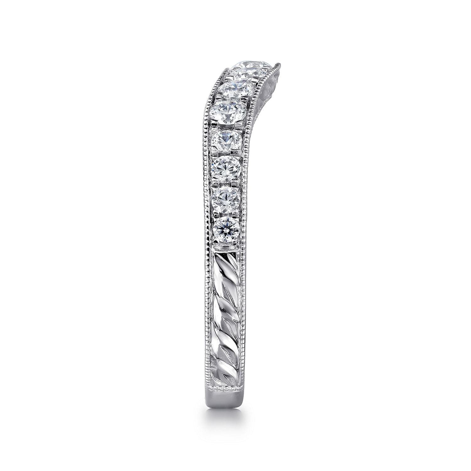 Vintage Inspired 14K White Gold Curved Channel Set Diamond Wedding Band with Engraving