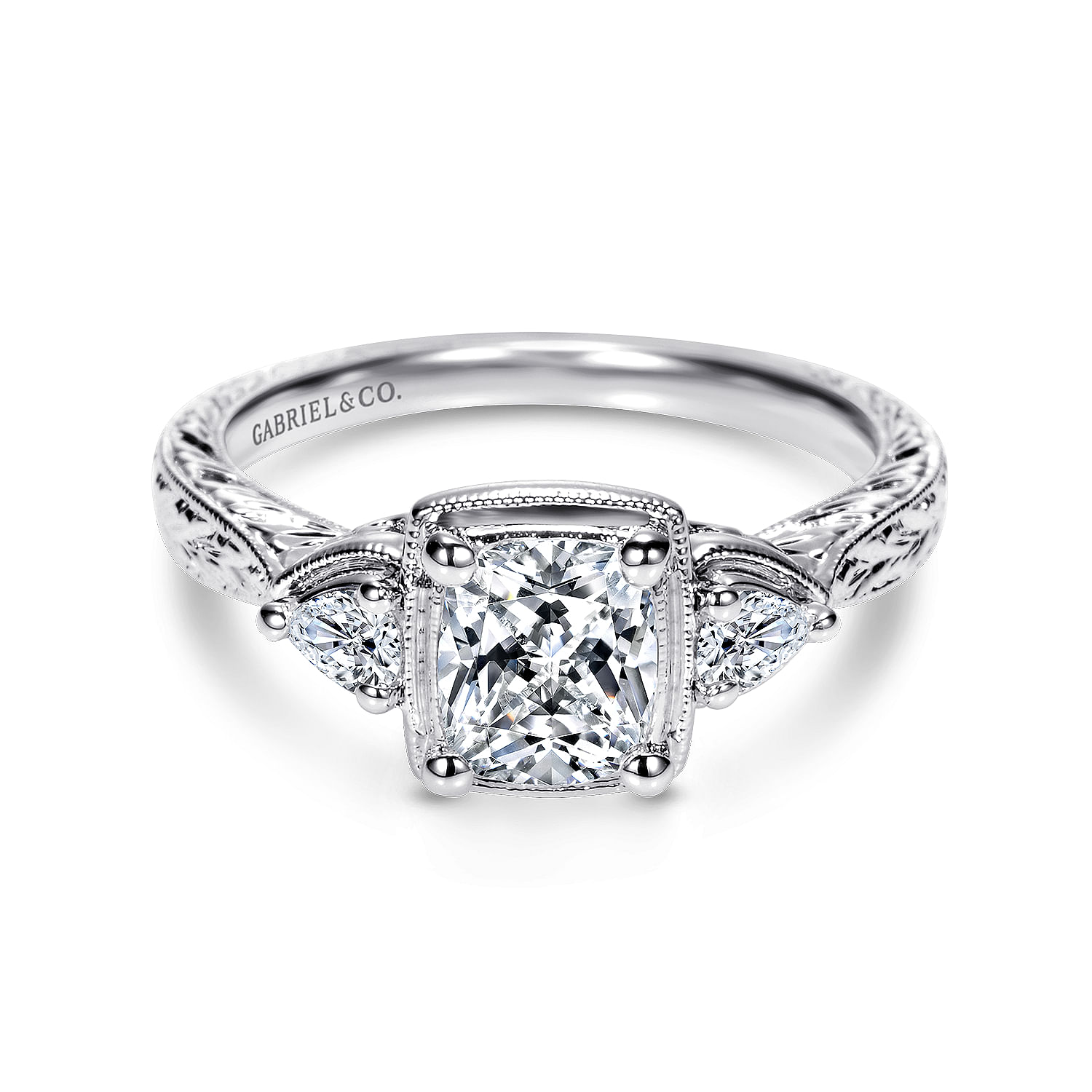 Vintage Inspired 14K White Gold Cushion Cut Three Stone Diamond Engagement Ring