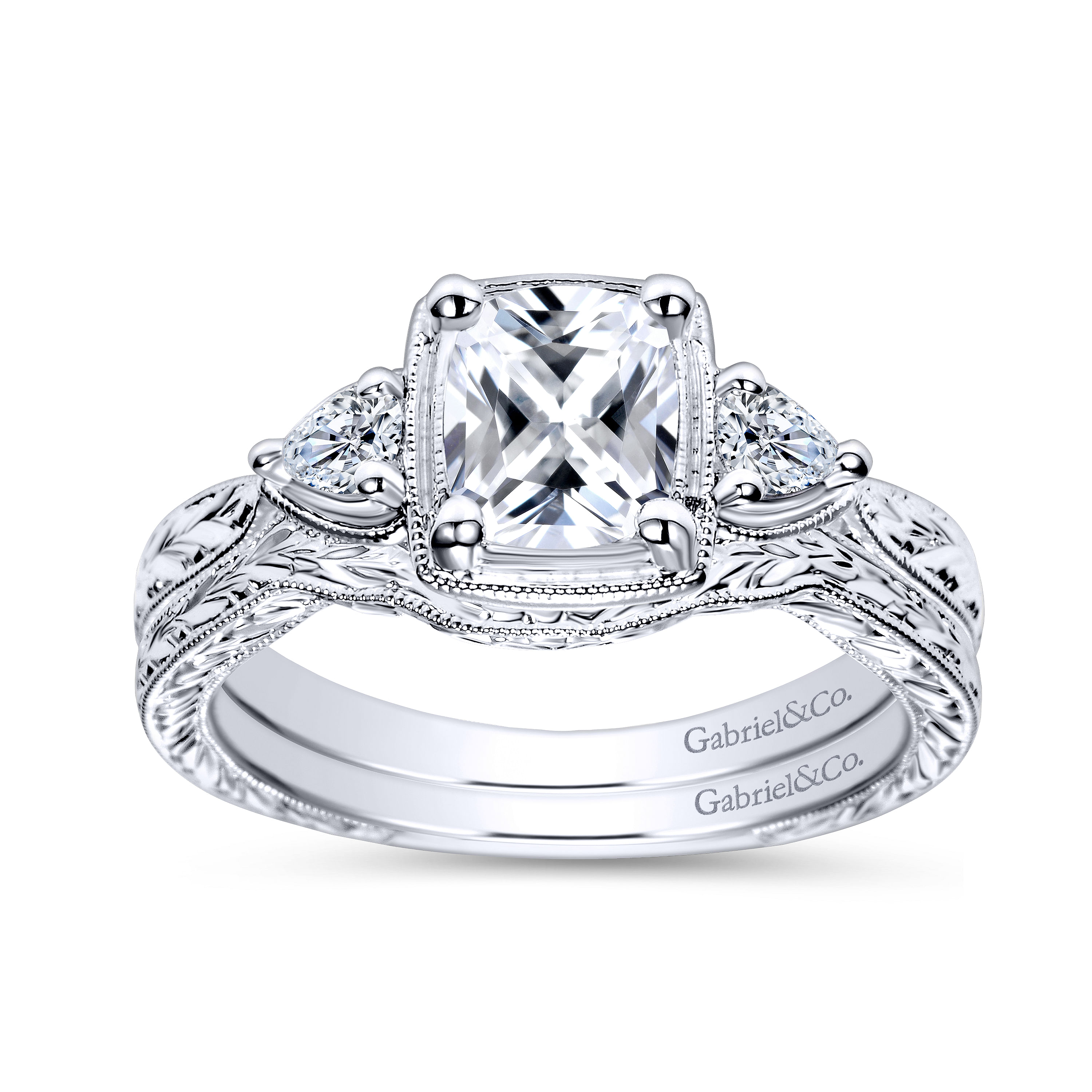 Vintage Inspired 14K White Gold Cushion Cut Three Stone Diamond Engagement Ring