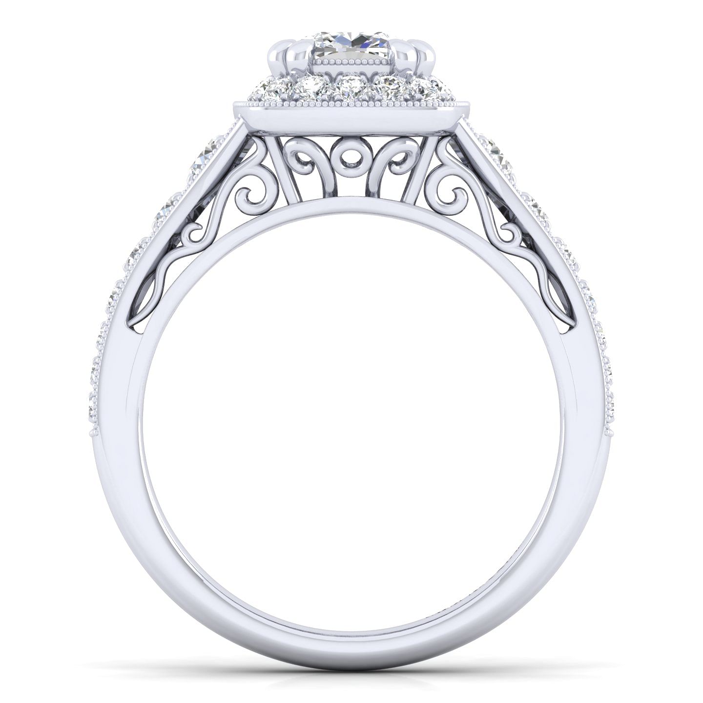 Vintage Inspired 14K White Gold Cushion Halo Diamond Engagement Ring