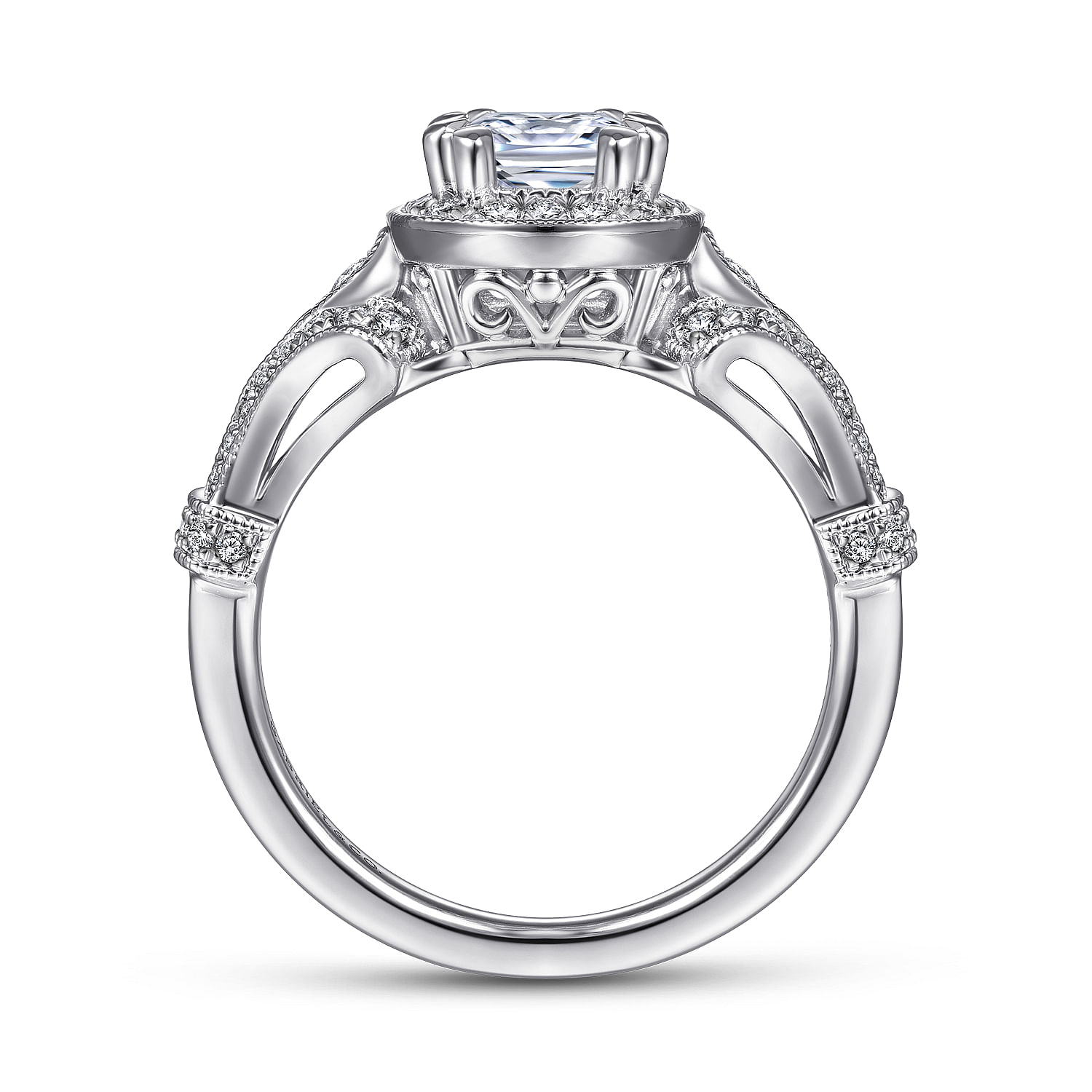Vintage Inspired 14K White Gold Cushion Halo Diamond Engagement Ring
