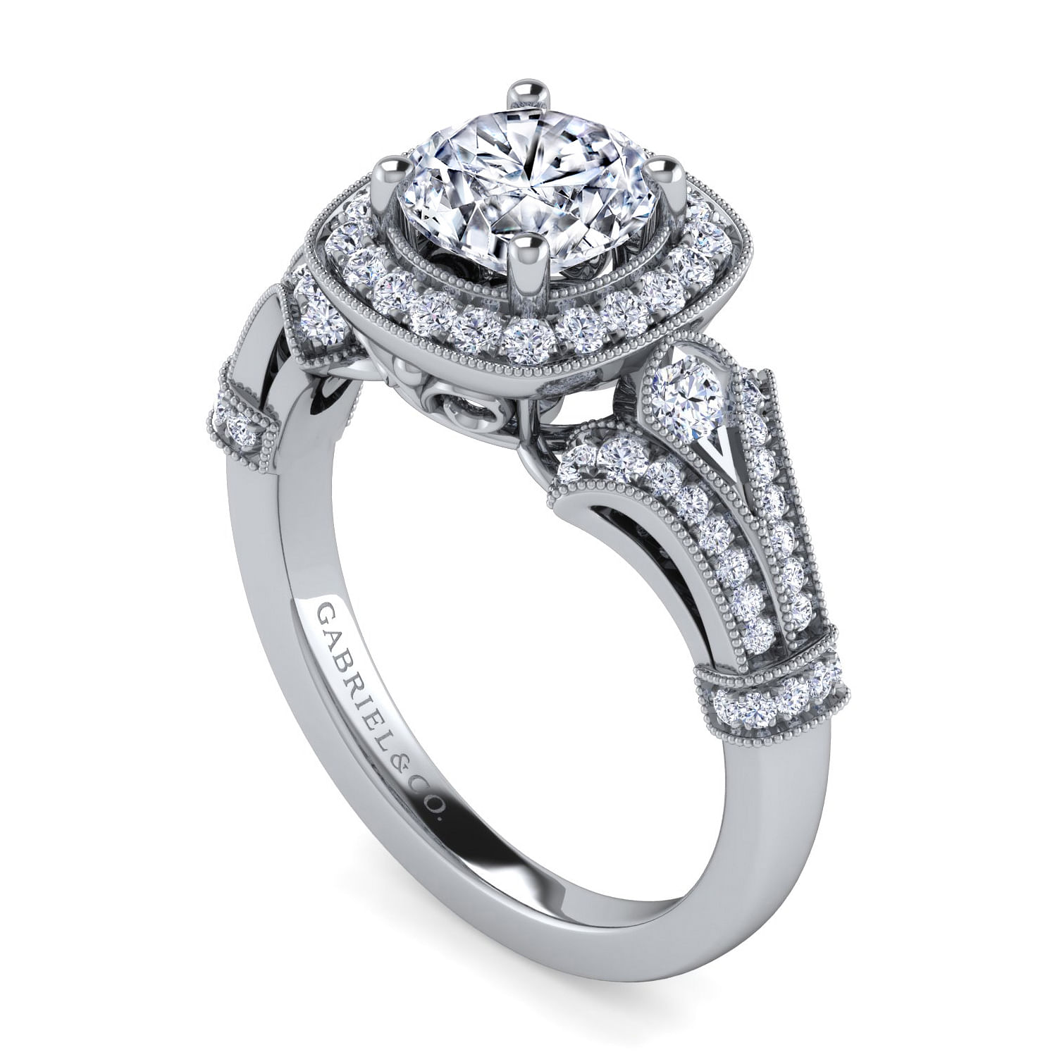 Vintage Inspired 14K White Gold Cushion Halo Round Diamond Engagement Ring