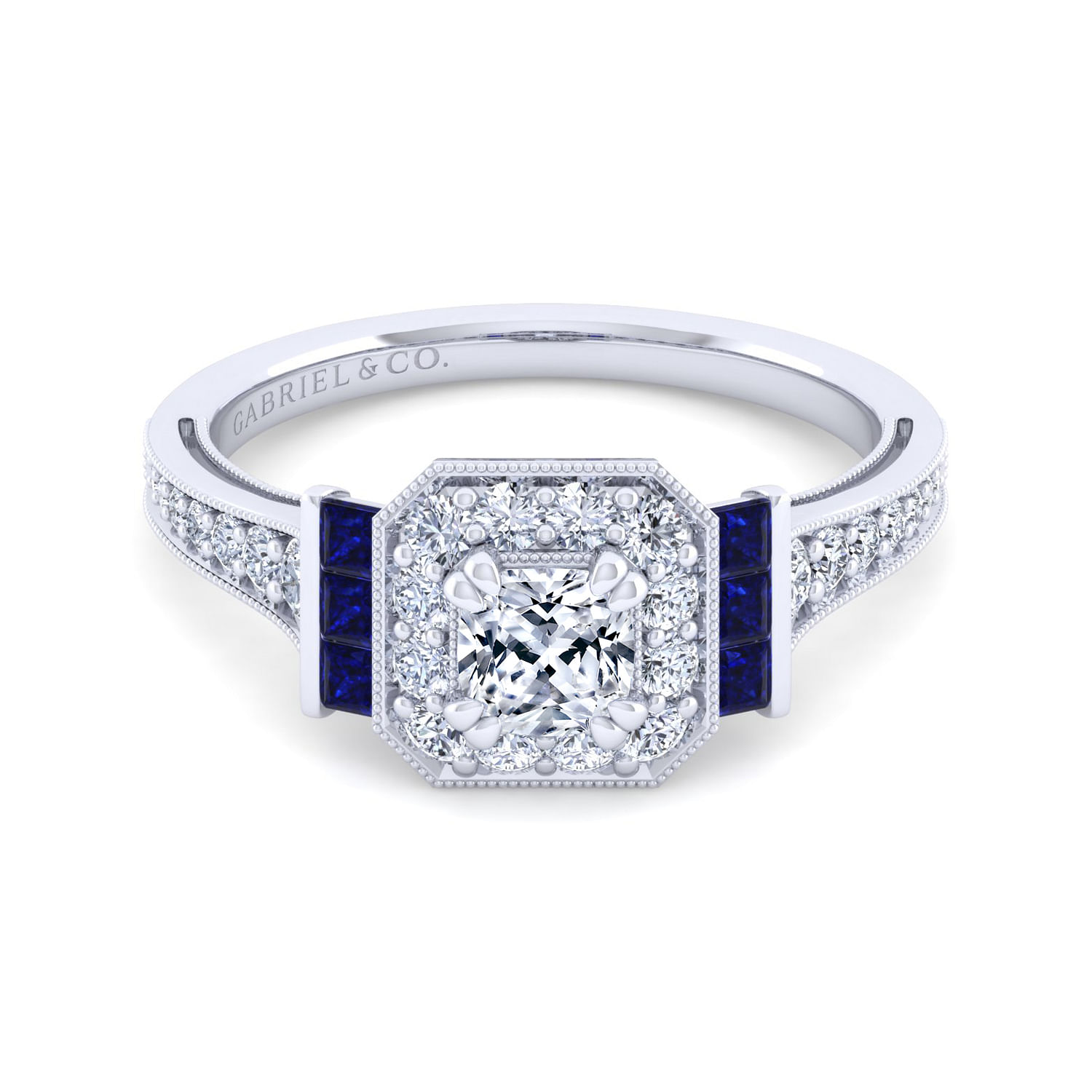 Vintage Inspired 14K White Gold Cushion Halo Sapphire and Diamond Engagement Ring