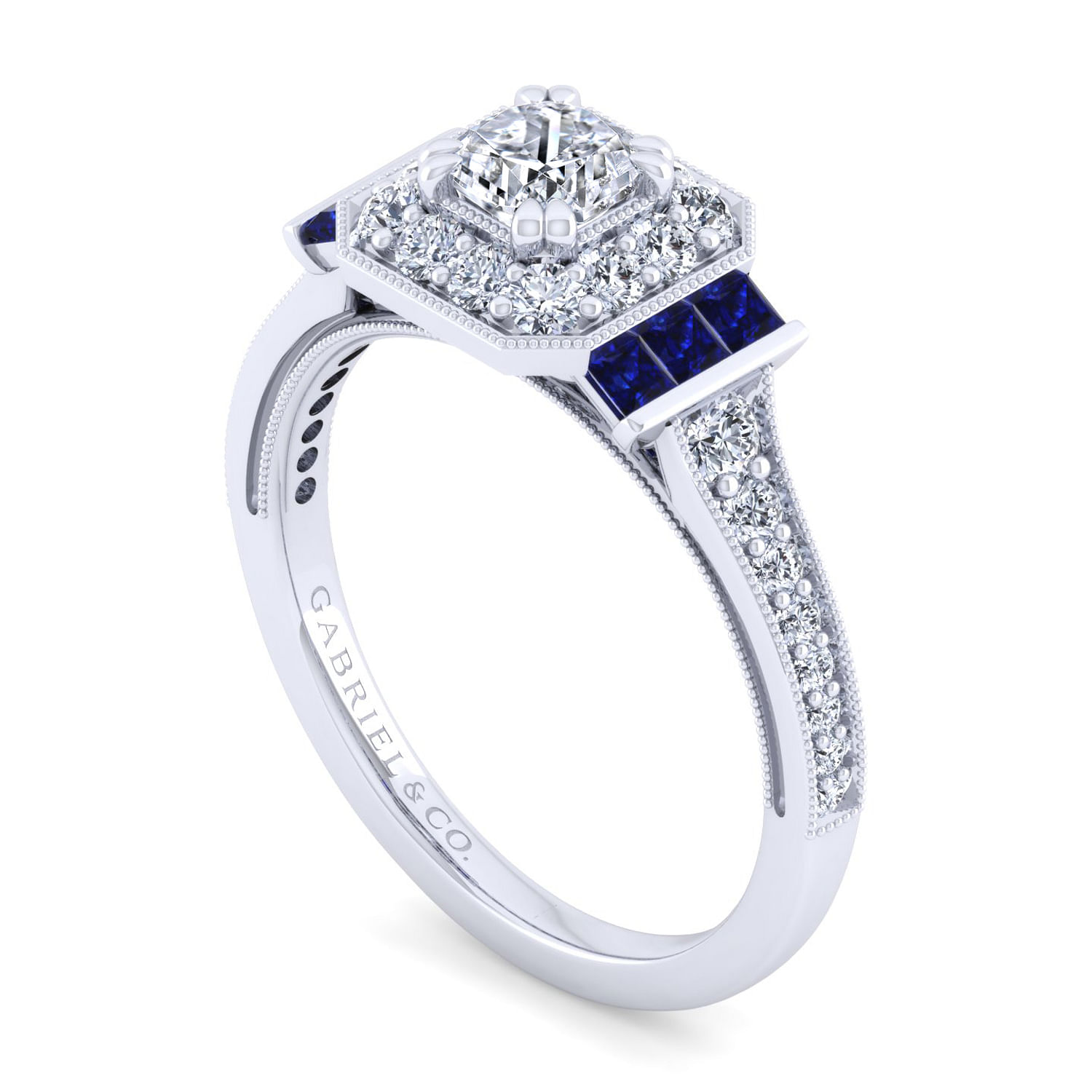 Vintage Inspired 14K White Gold Cushion Halo Sapphire and Diamond Engagement Ring