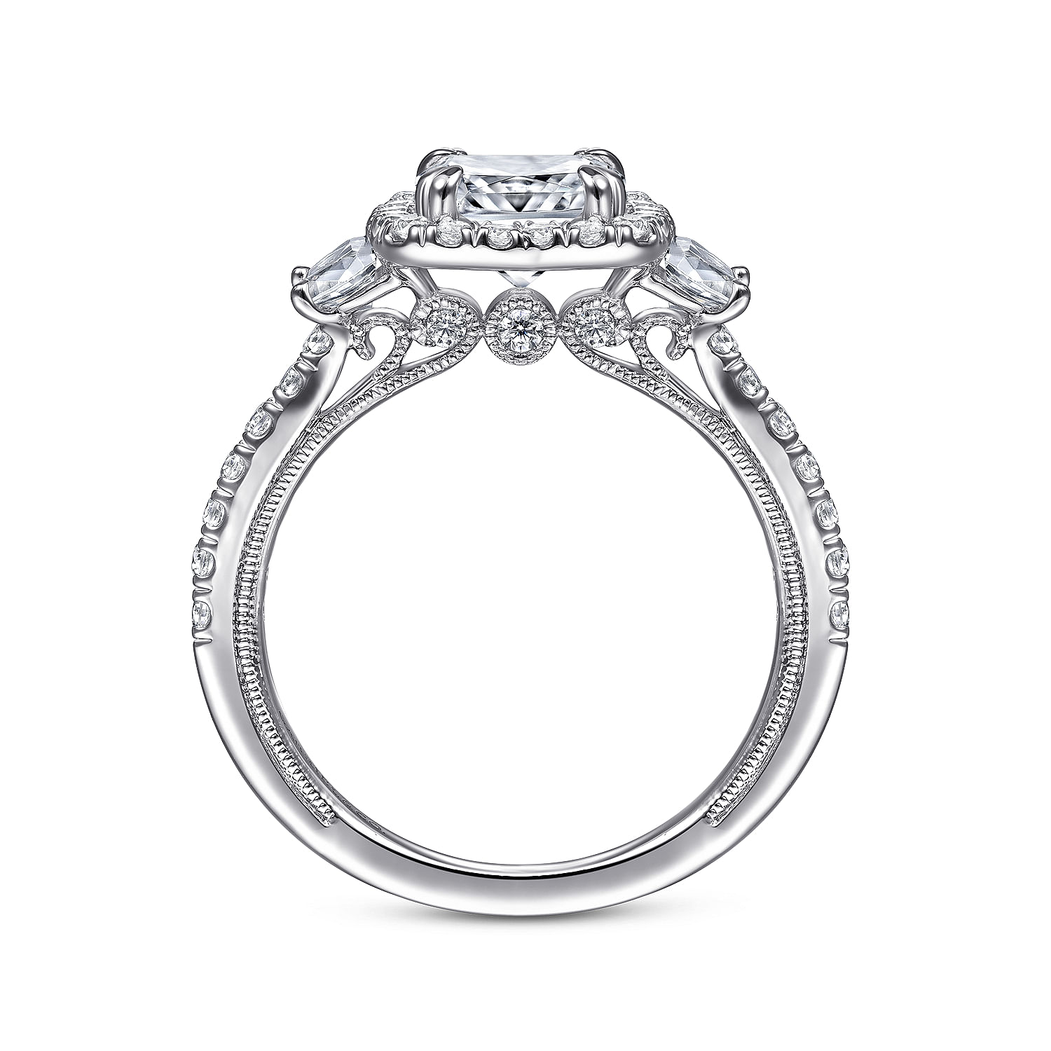 Vintage Inspired 14K White Gold Cushion Three Stone Halo Diamond Engagement Ring