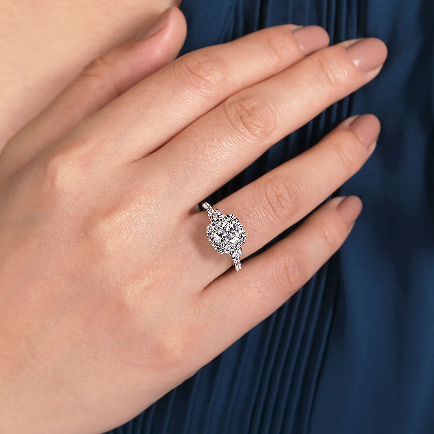 Vintage Inspired 14K White Gold Cushion Three Stone Halo Diamond Engagement Ring