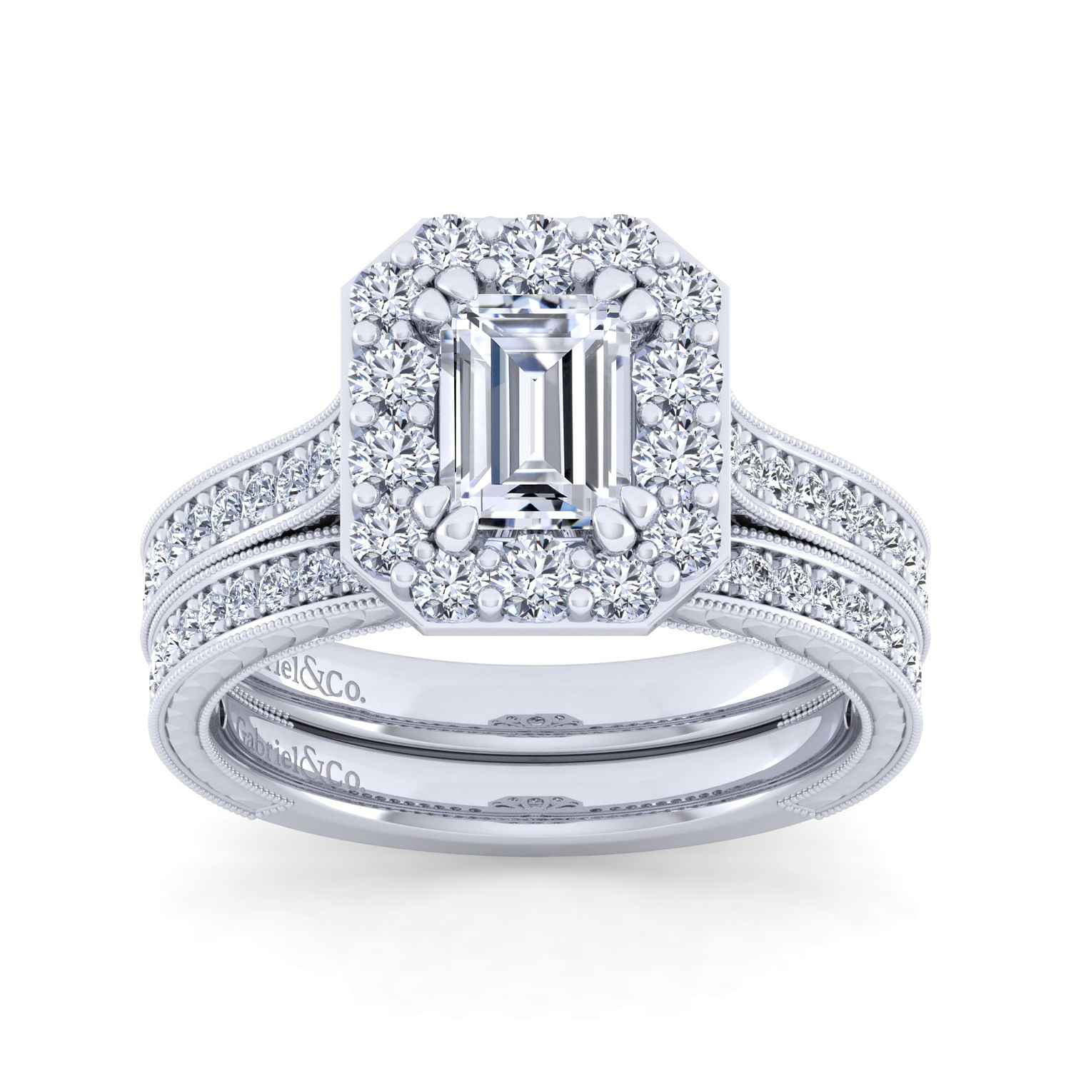 Vintage Inspired 14K White Gold Emerald Halo Diamond Engagement Ring