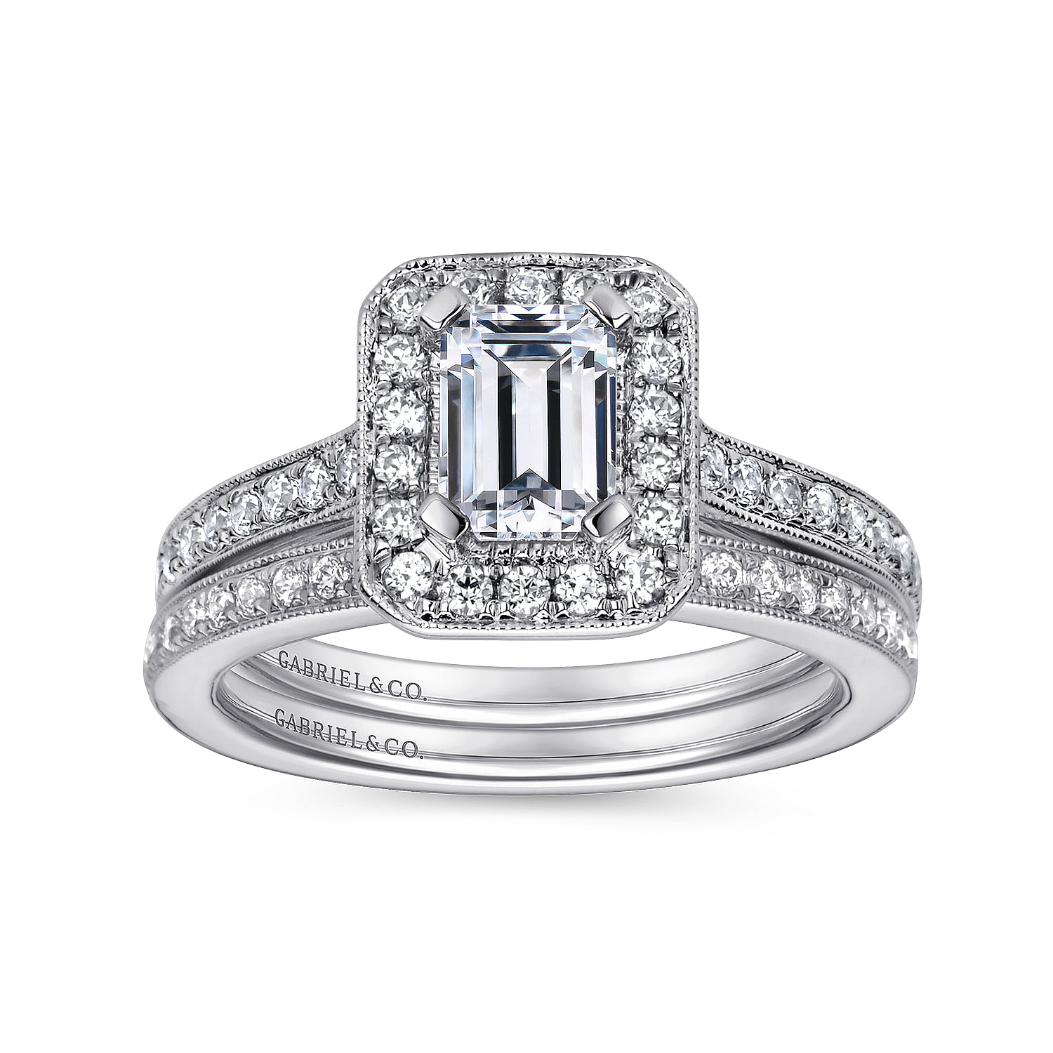 Vintage Inspired 14K White Gold Emerald Halo Diamond Engagement Ring
