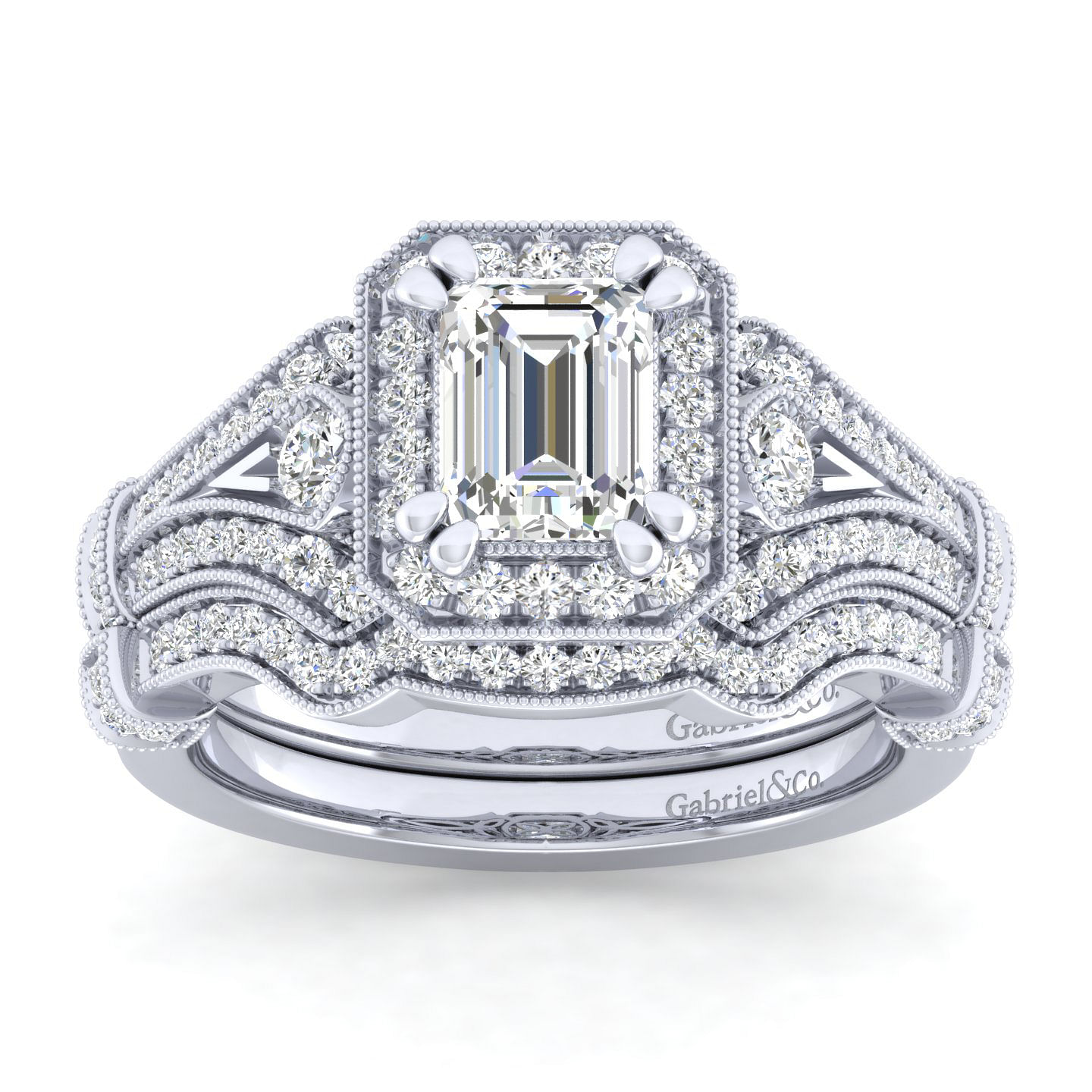 Vintage Inspired 14K White Gold Halo Emerald Cut Diamond Engagement Ring