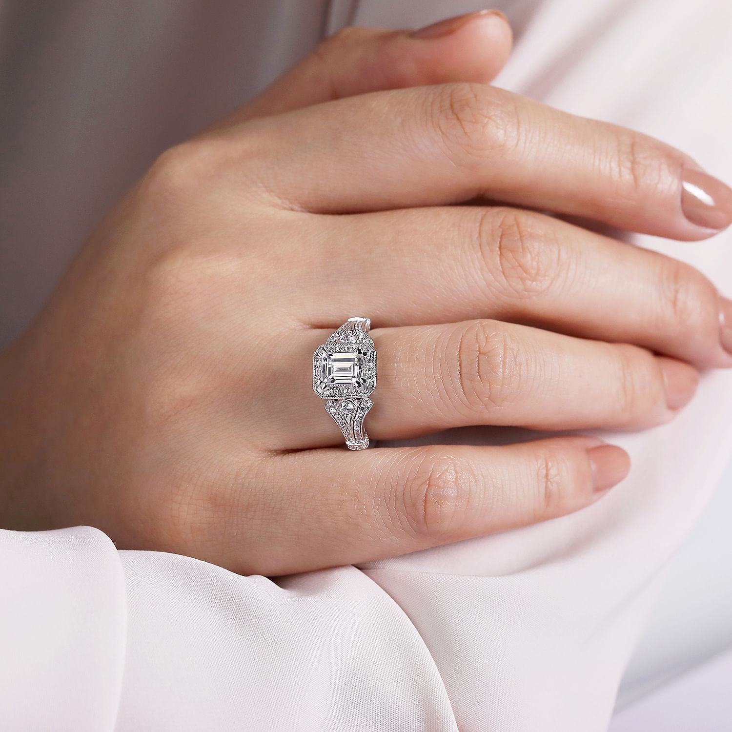 Vintage Inspired 14K White Gold Halo Emerald Cut Diamond Engagement Ring