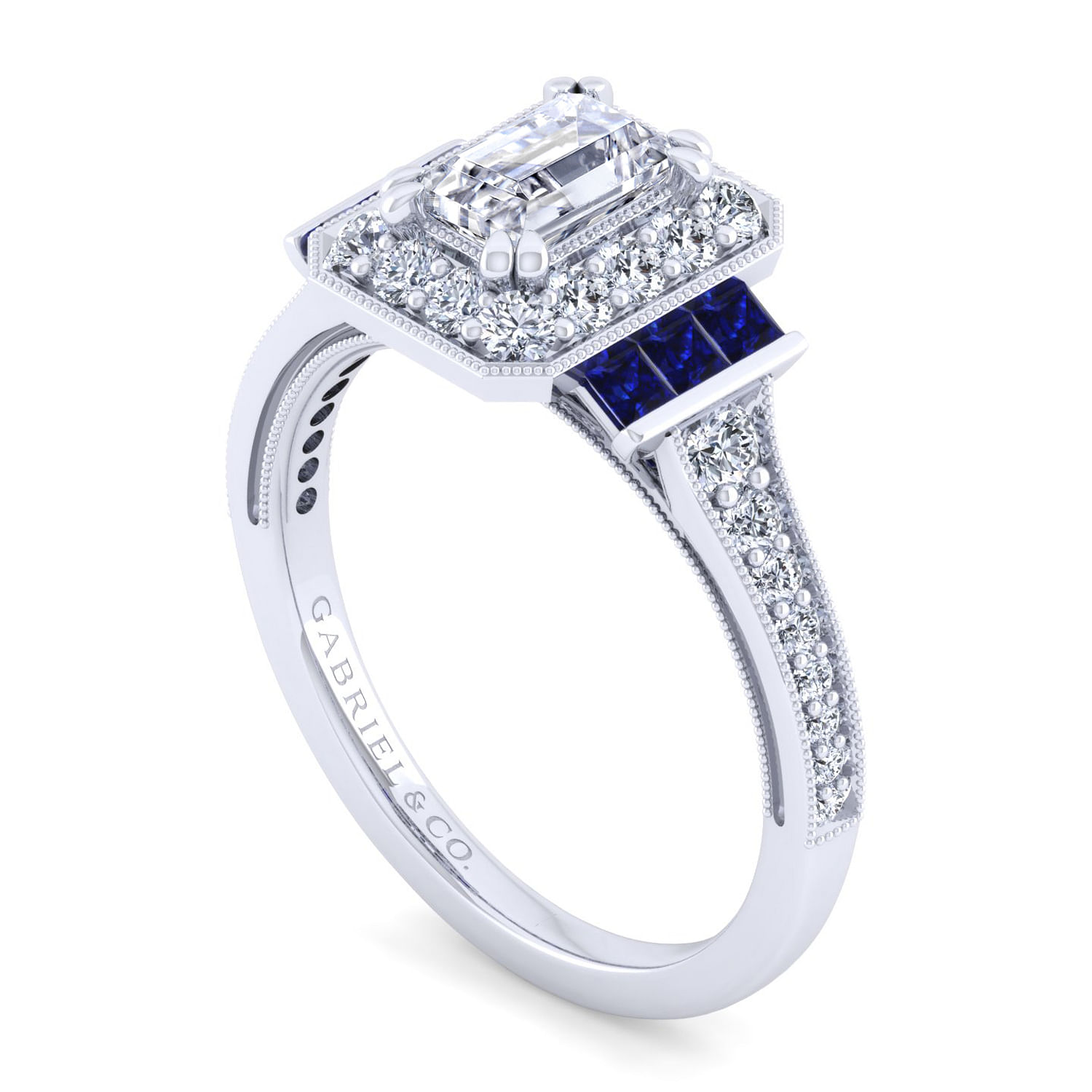 Vintage Inspired 14K White Gold Halo Emerald Cut Sapphire and Diamond Engagement Ring