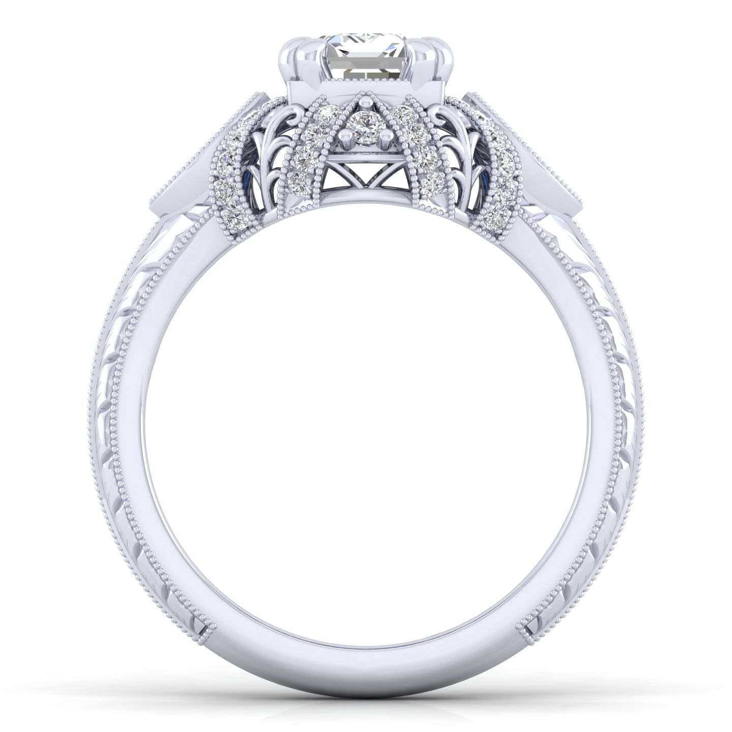 Vintage Inspired 14K White Gold Halo Emerald Cut Three Stone Sapphire and Diamond Engagement Ring