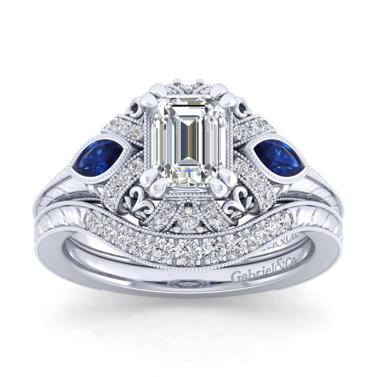 Vintage Inspired 14K White Gold Halo Emerald Cut Three Stone Sapphire and Diamond Engagement Ring