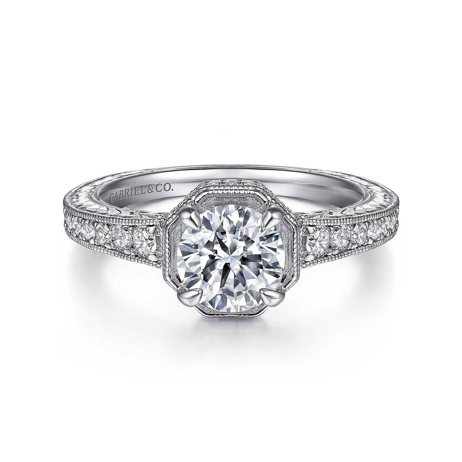 Vintage Inspired 14K White Gold Hidden Halo Round Diamond Engagement Ring
