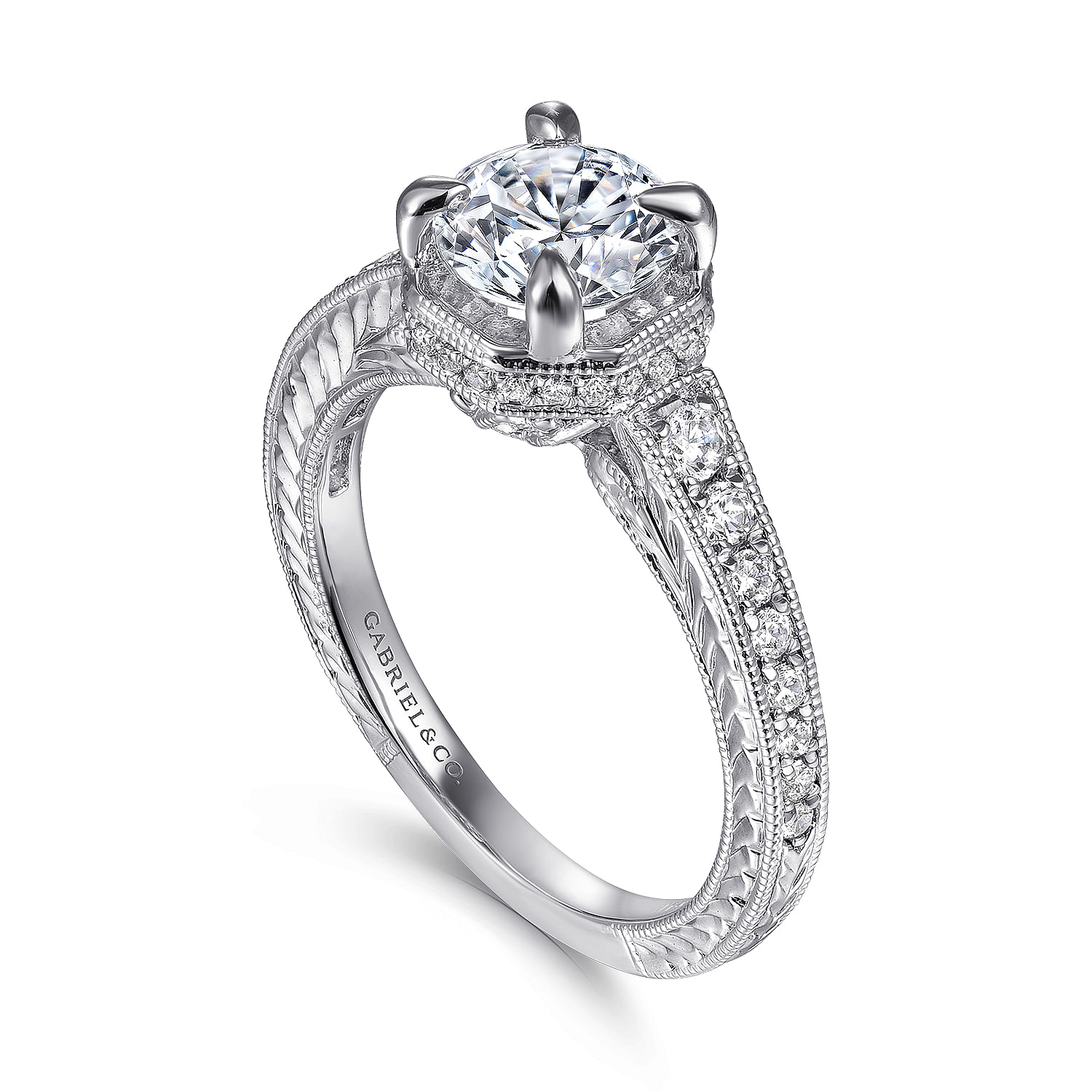 Vintage Inspired 14K White Gold Hidden Halo Round Diamond Engagement Ring