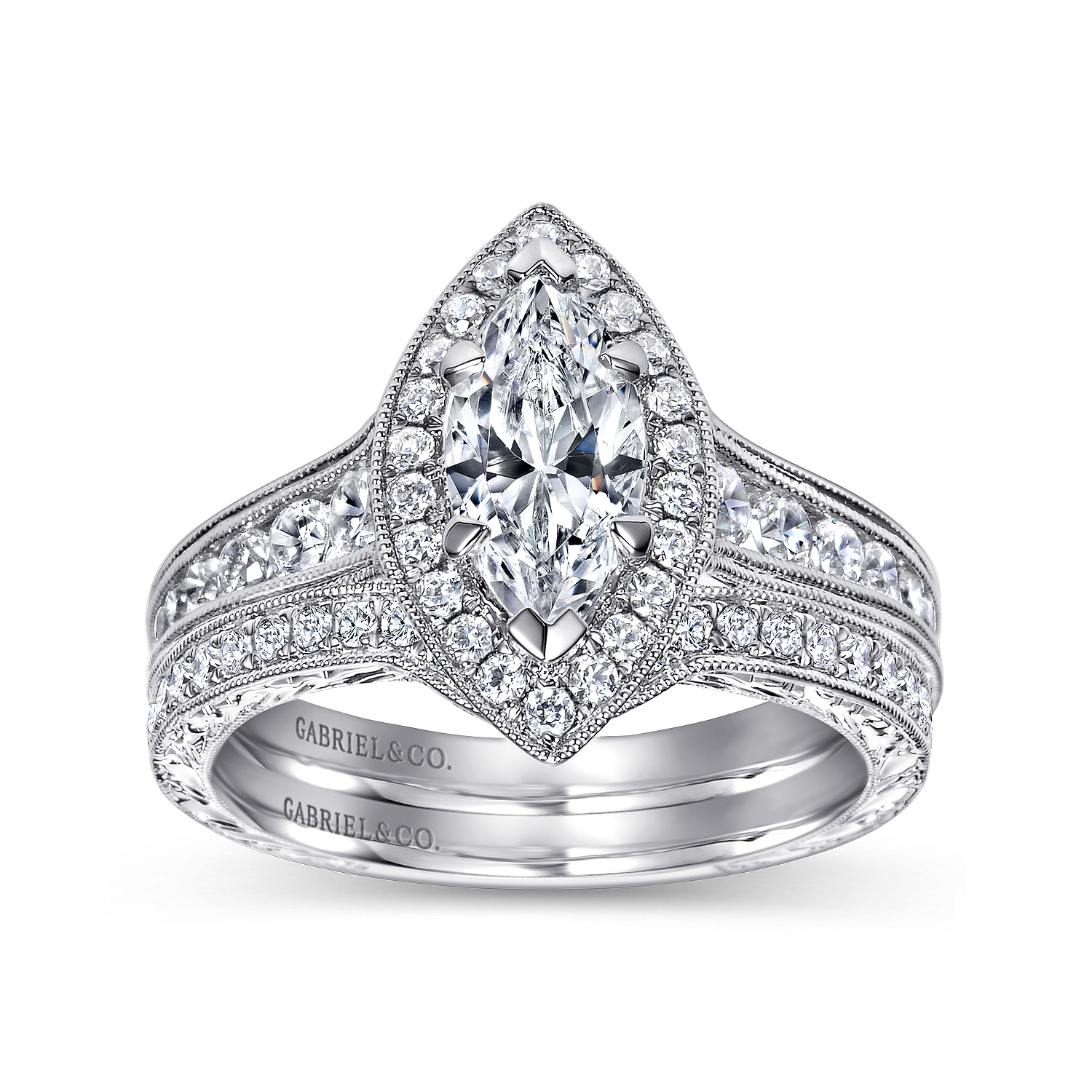 Vintage Inspired 14K White Gold Marquise Halo Diamond Engagement Ring