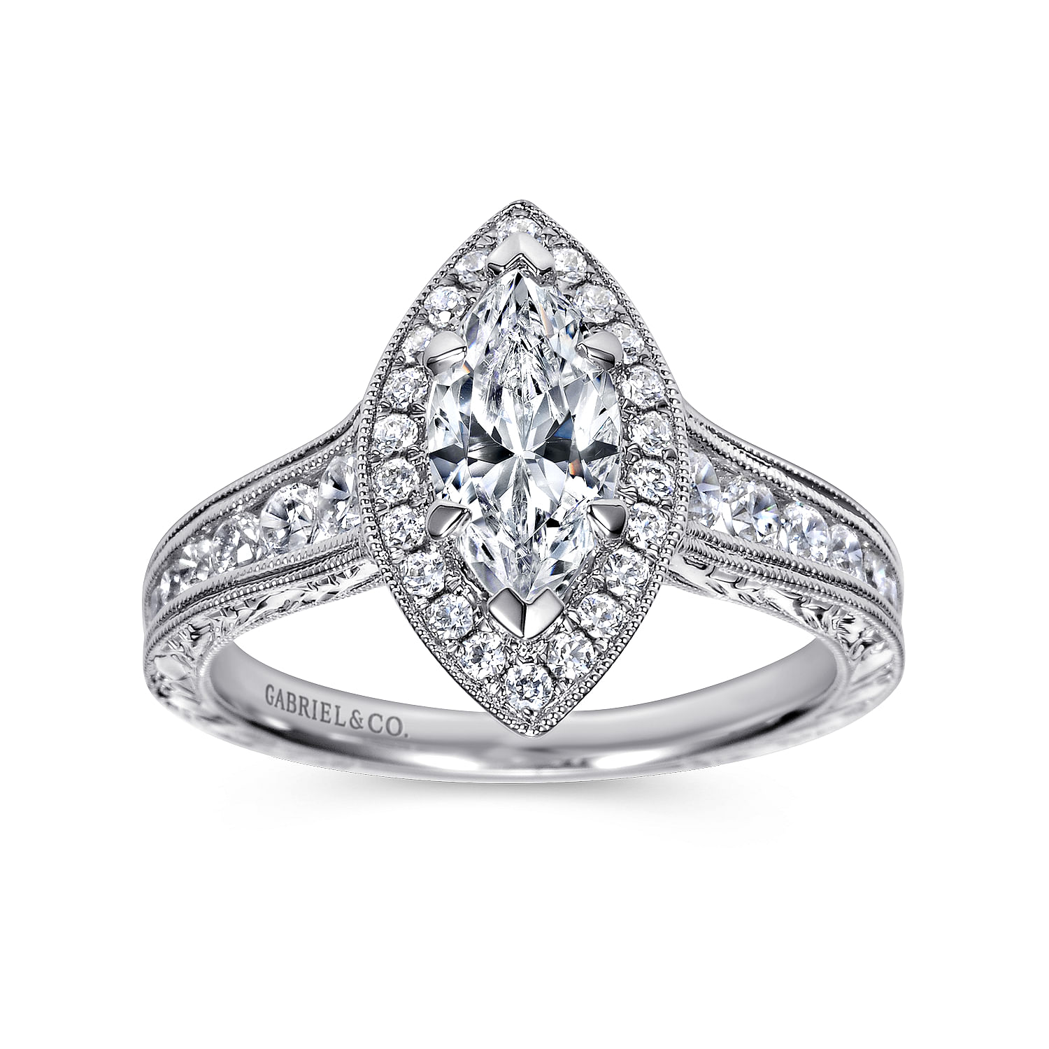 Vintage Inspired 14K White Gold Marquise Halo Diamond Engagement Ring