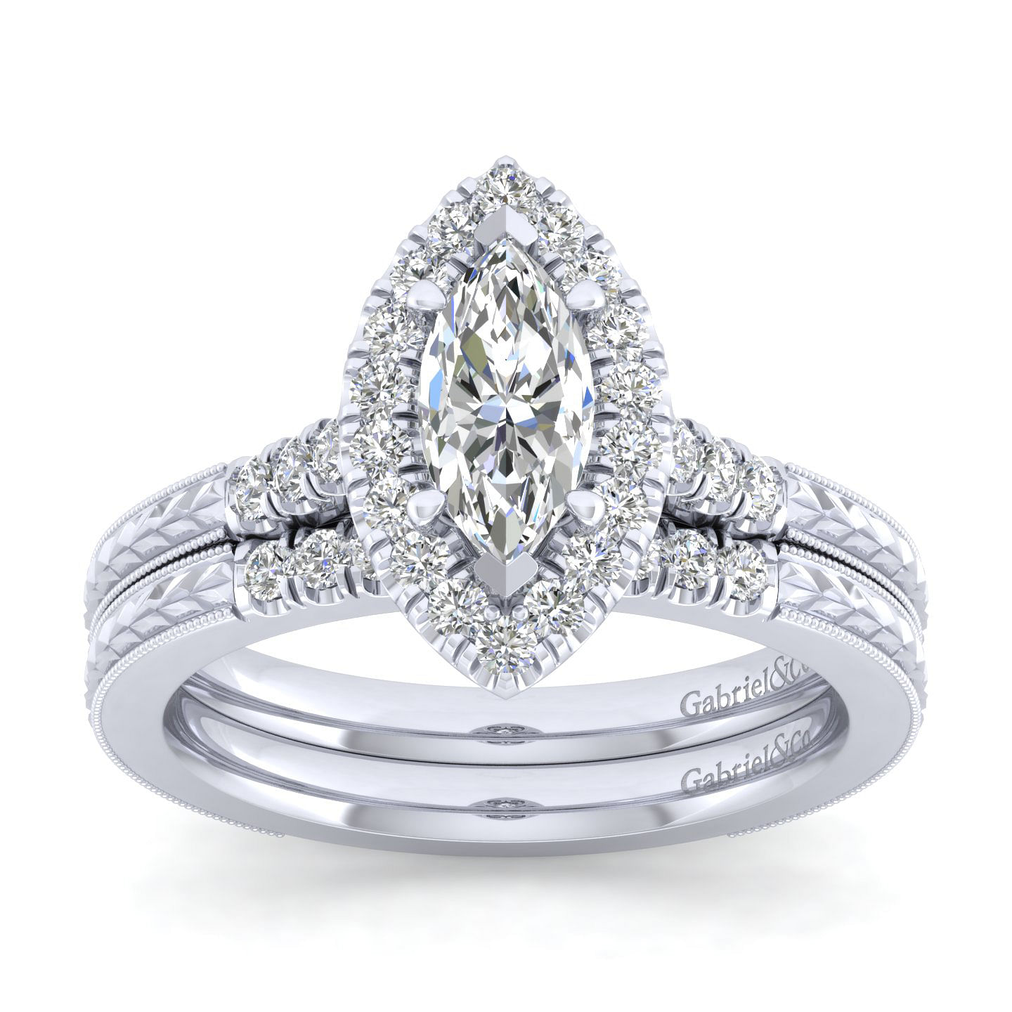 Vintage Inspired 14K White Gold Marquise Shape Halo Diamond Engagement Ring