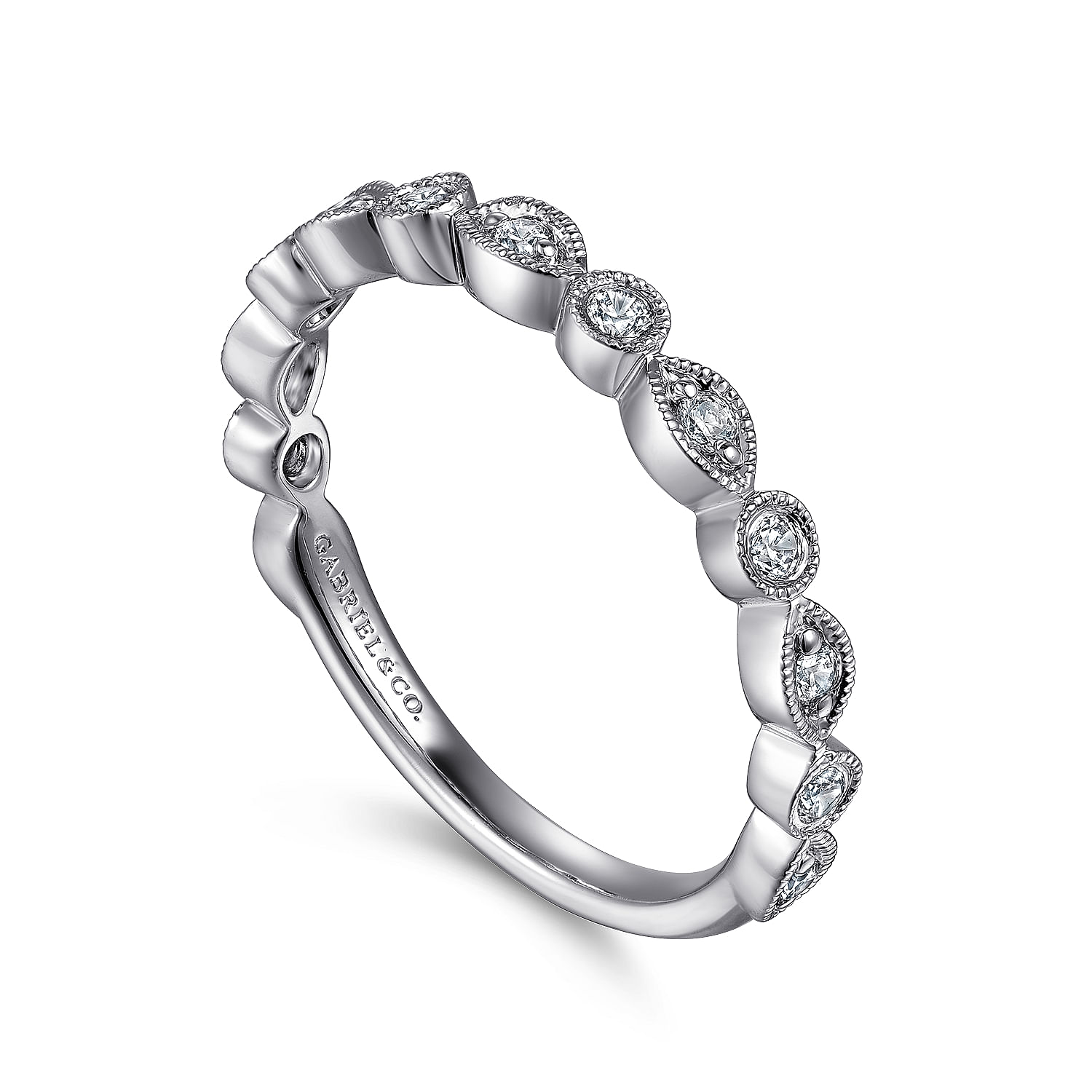 Vintage Inspired 14K White Gold Marquise and Round Station Diamond Anniversary Band